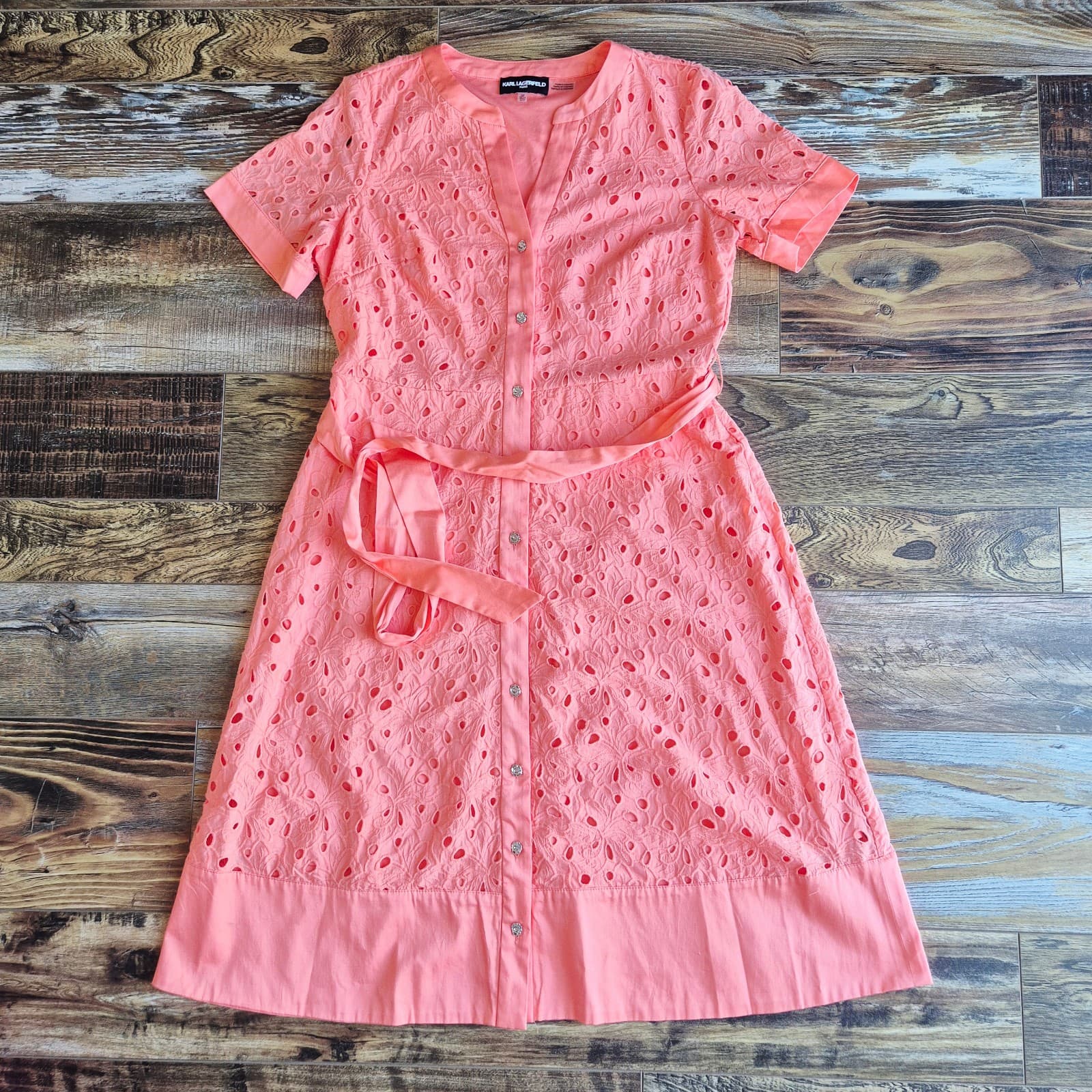 NWoT Karl Lagerfeld Cotton Eyelet Belted Midi Shirt Dress Button Orange Sz.12P - Thumbnail 8