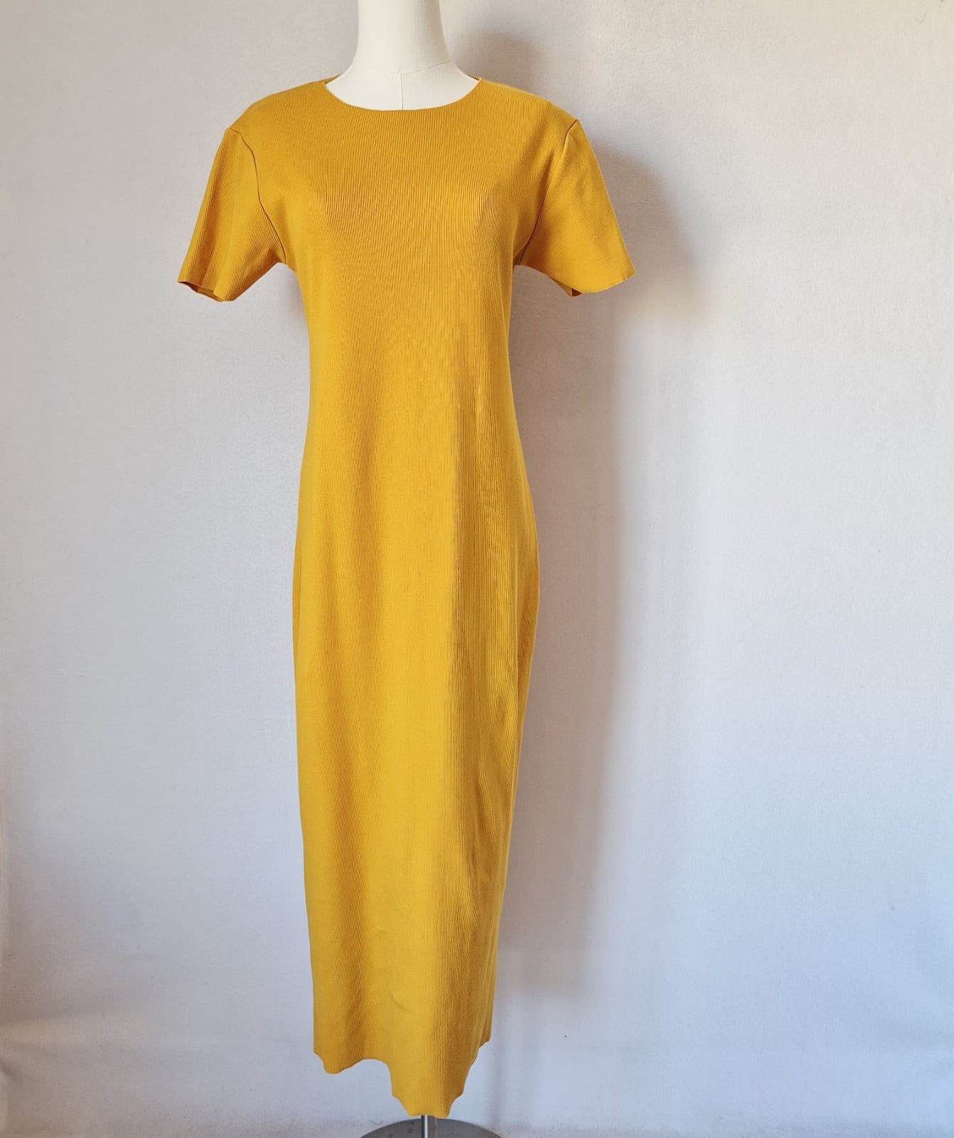 NWoT Charlotte Ribbed Knit Maxi Dress Short Sleeve Raw-Hem Mustard Bust 32" (S) - Thumbnail 6