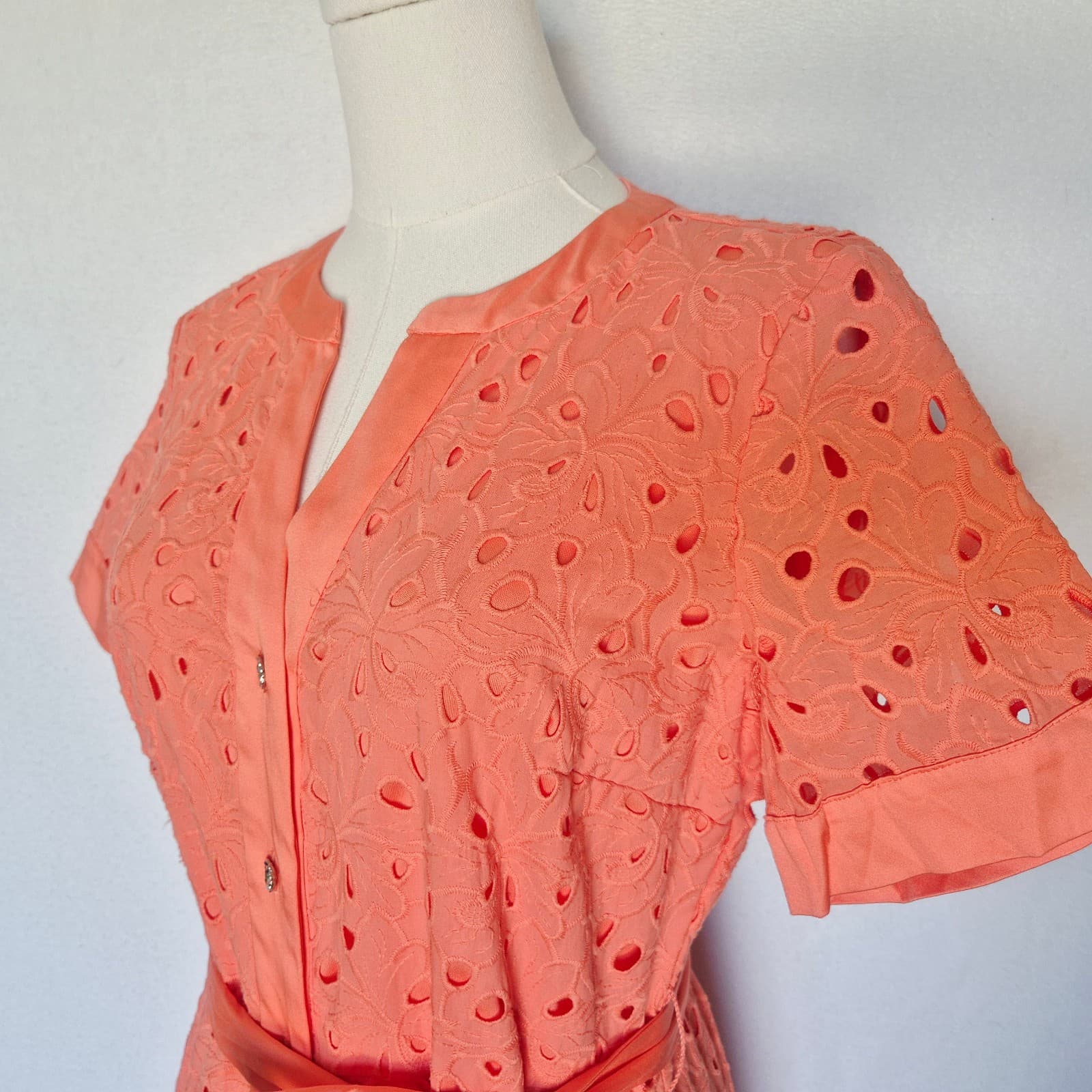 NWoT Karl Lagerfeld Cotton Eyelet Belted Midi Shirt Dress Button Orange Sz.12P - Thumbnail 5
