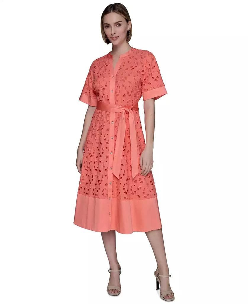 NWoT Karl Lagerfeld Cotton Eyelet Belted Midi Shirt Dress Button Orange Sz.12P - Thumbnail 2