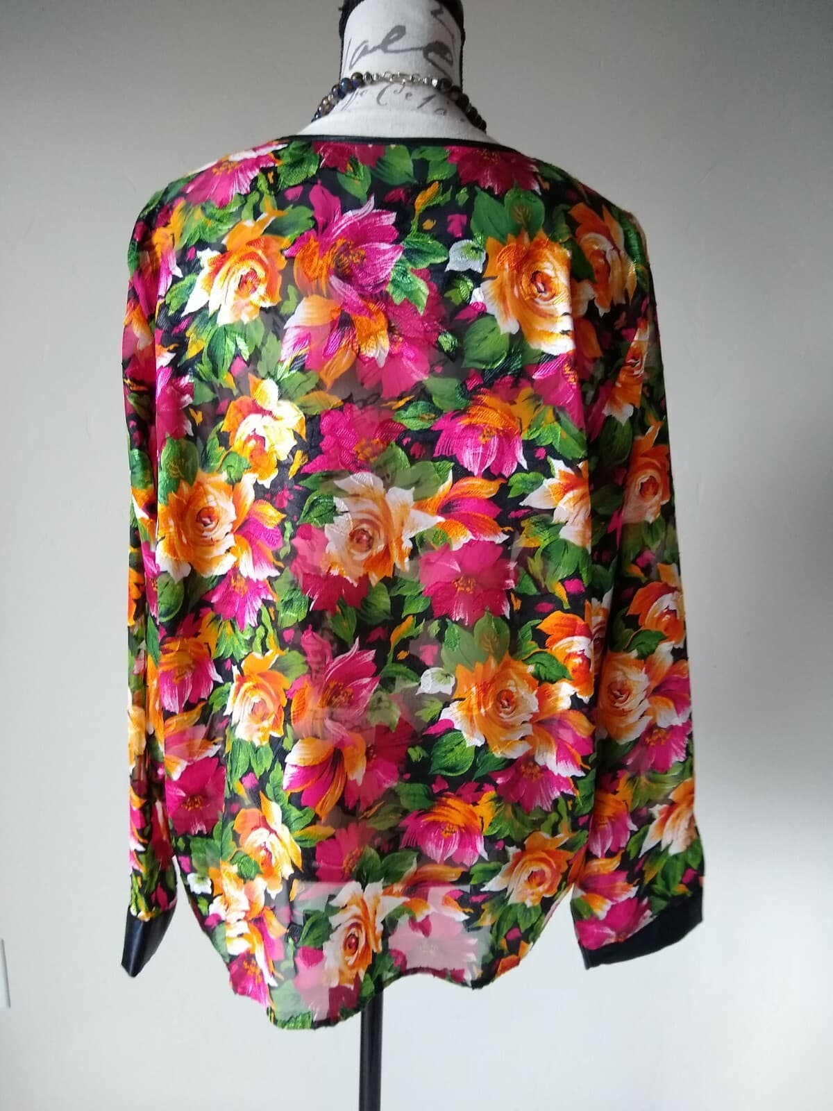 Vintage VICTORIA'S SECRET Floral Satin Top Blouse Button Long Sleeves Women L - Thumbnail 4