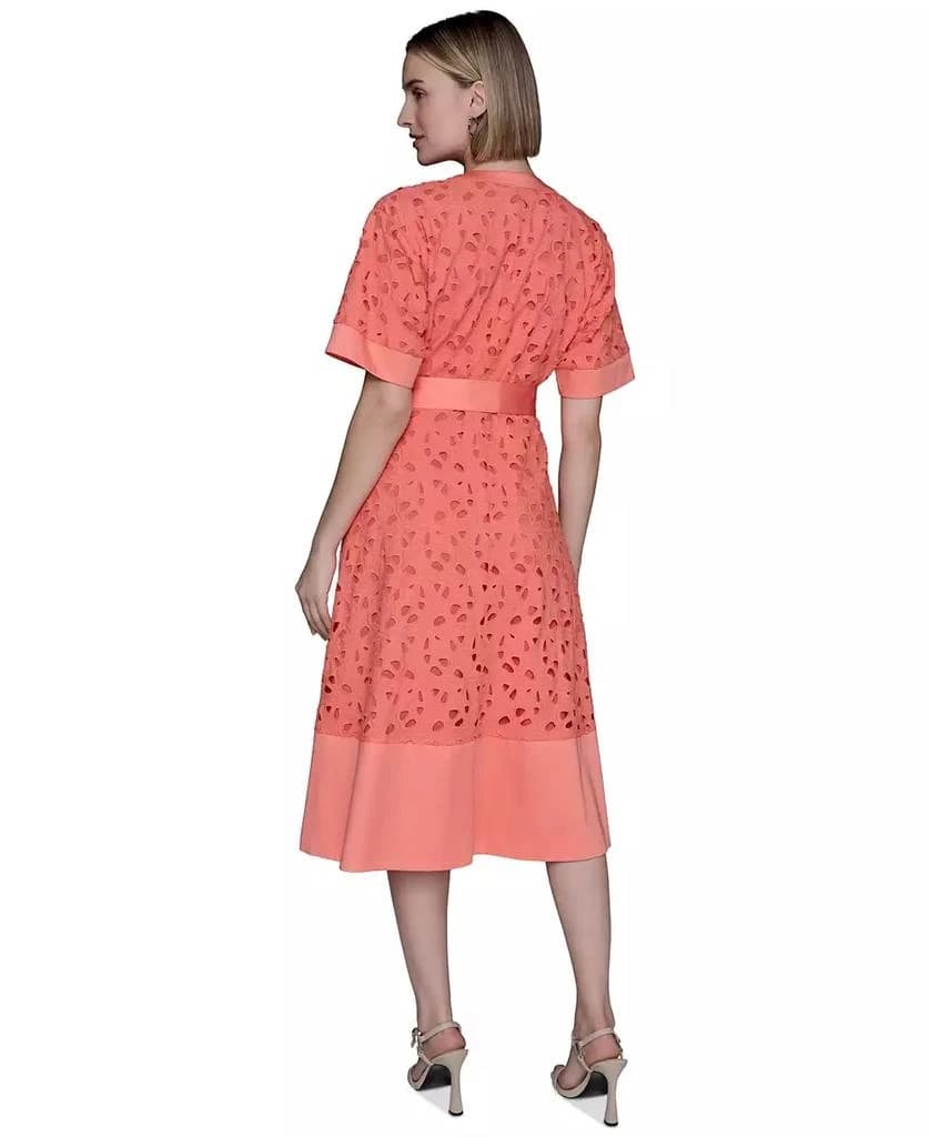 NWoT Karl Lagerfeld Cotton Eyelet Belted Midi Shirt Dress Button Orange Sz.12P - Thumbnail 6