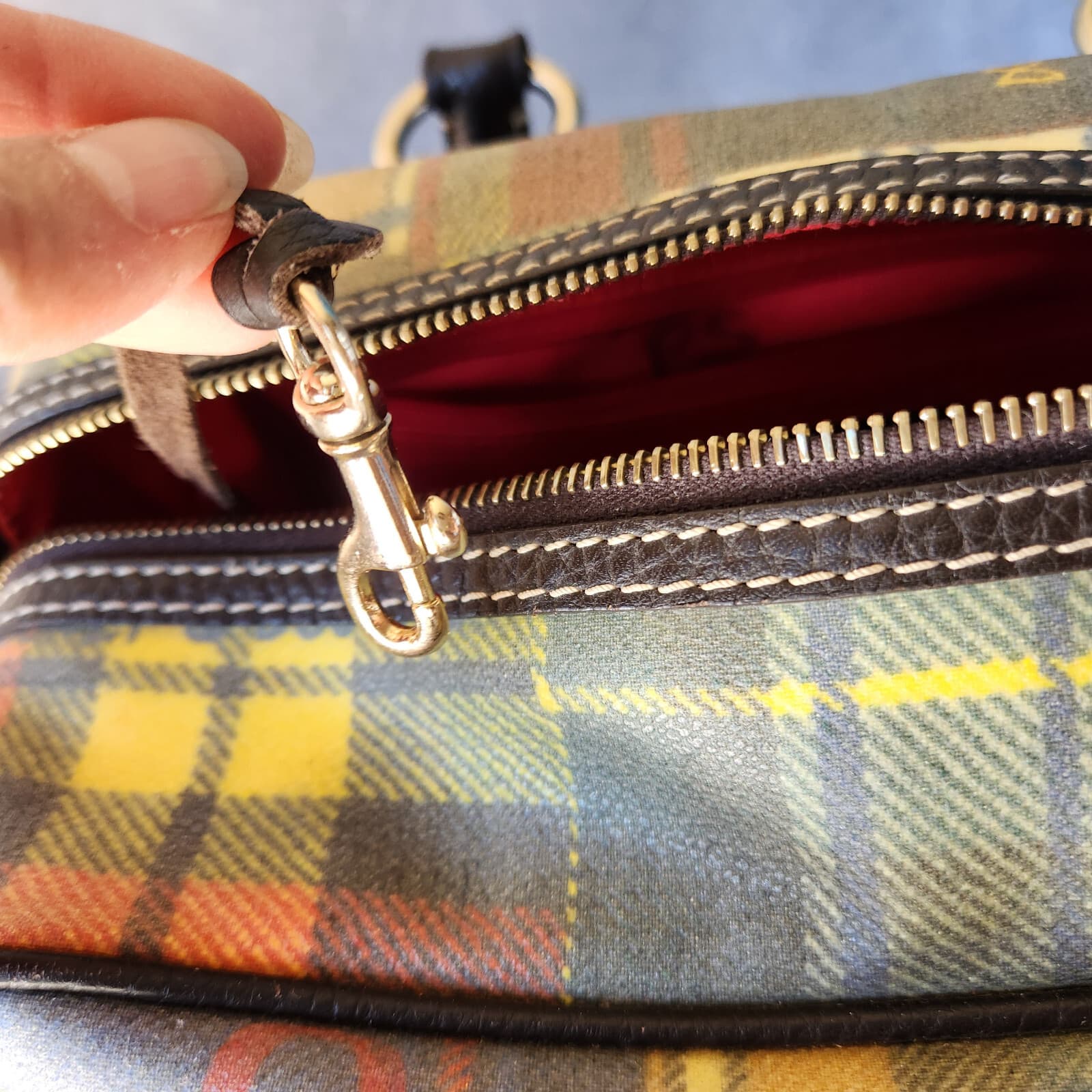 Dooney & Bourke Ladybug Multicolor Plaid Madras Black Leather Tassel Satchel Bag - Thumbnail 12