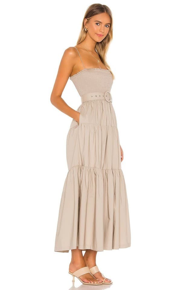 L'Academie The Nour Spaghetti Strap Smocked Tiered Maxi Dress Pocket Beige Sz.XS - Thumbnail 4