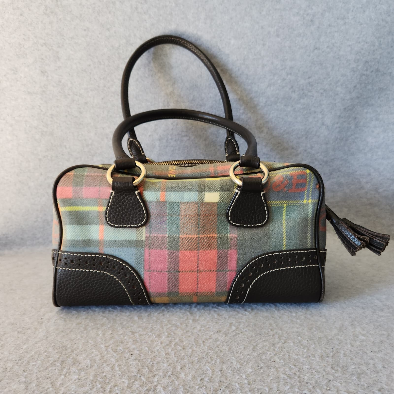 Dooney & Bourke Ladybug Multicolor Plaid Madras Black Leather Tassel Satchel Bag - Thumbnail 3