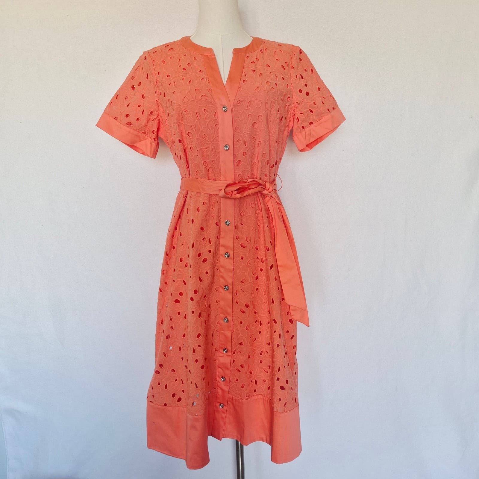NWoT Karl Lagerfeld Cotton Eyelet Belted Midi Shirt Dress Button Orange Sz.12P - Thumbnail 3