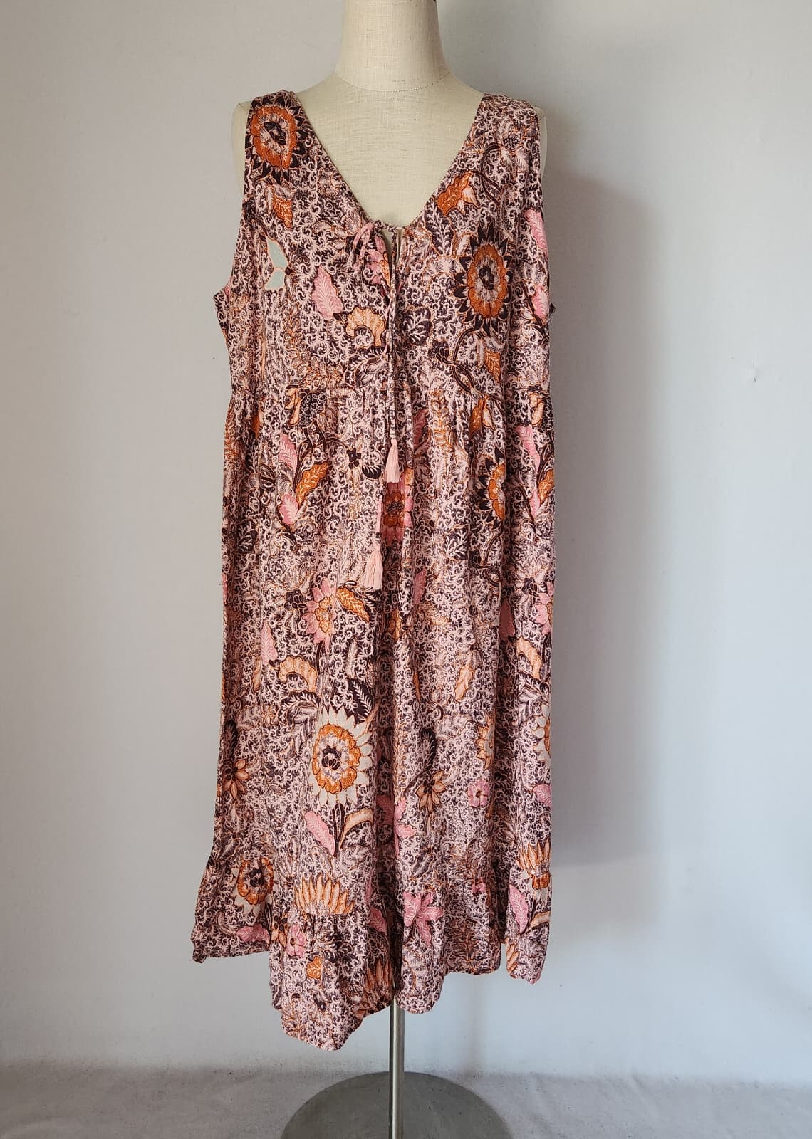 Madewell Floral Lace-Up Midi Dress Ruffle-Hem Sleeveless Bali Blooms Pink Sz.20 - Thumbnail 2