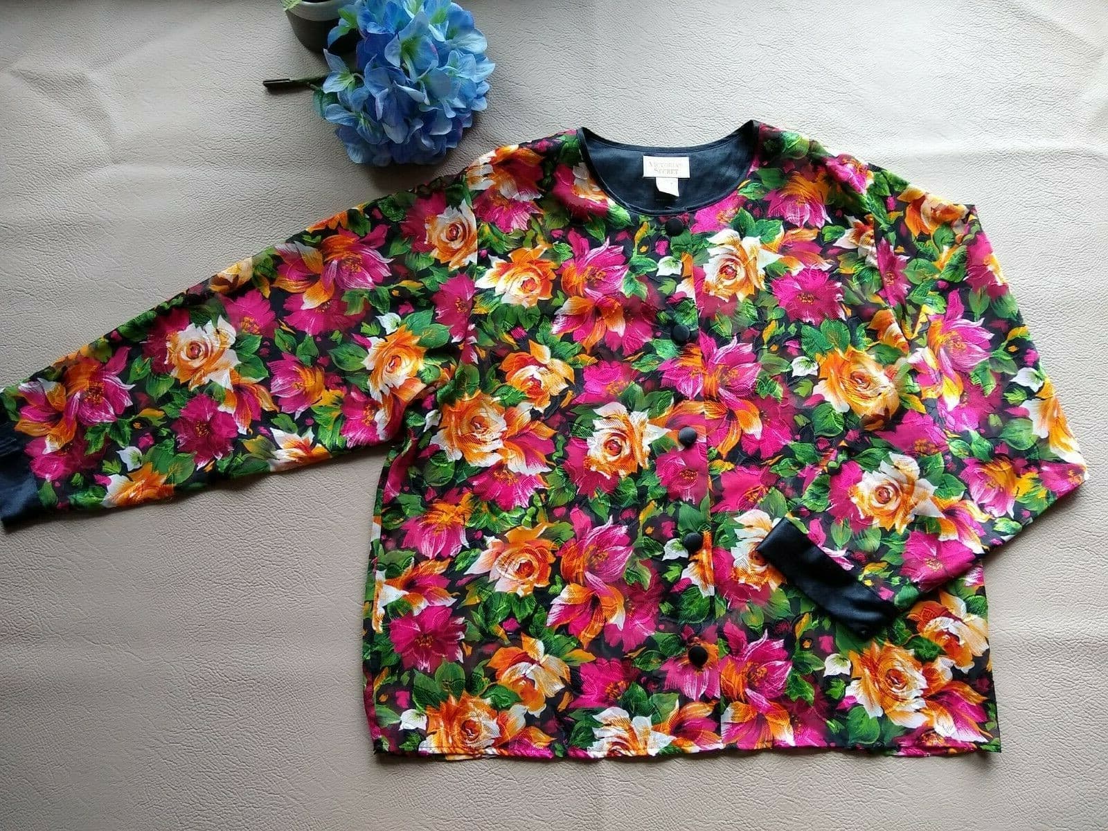 Vintage VICTORIA'S SECRET Floral Satin Top Blouse Button Long Sleeves Women L - Thumbnail 2