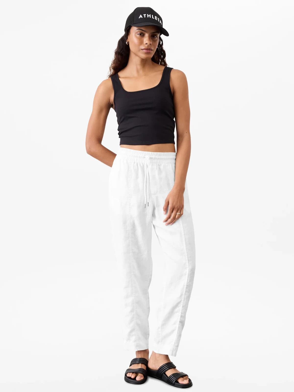 Athleta Retreat High Rise Linen Ankle Pants Elastic Waist Zip-Pocket White Sz.1X - Thumbnail 2