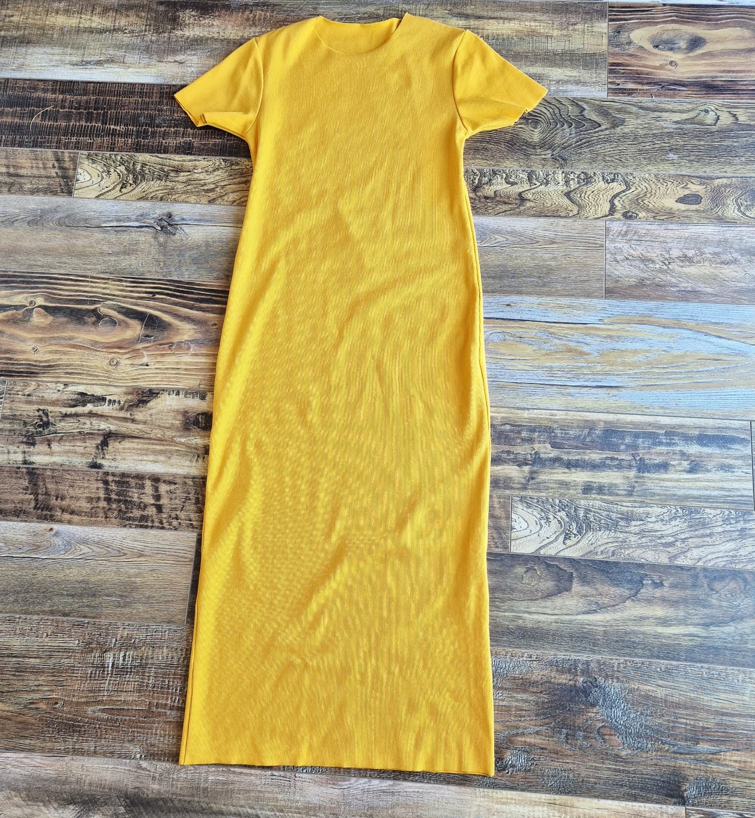 NWoT Charlotte Ribbed Knit Maxi Dress Short Sleeve Raw-Hem Mustard Bust 32" (S) - Thumbnail 3