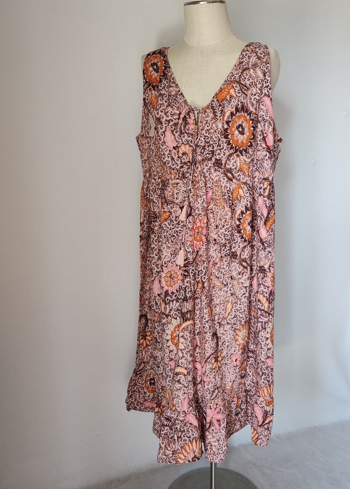 Madewell Floral Lace-Up Midi Dress Ruffle-Hem Sleeveless Bali Blooms Pink Sz.20 - Thumbnail 3