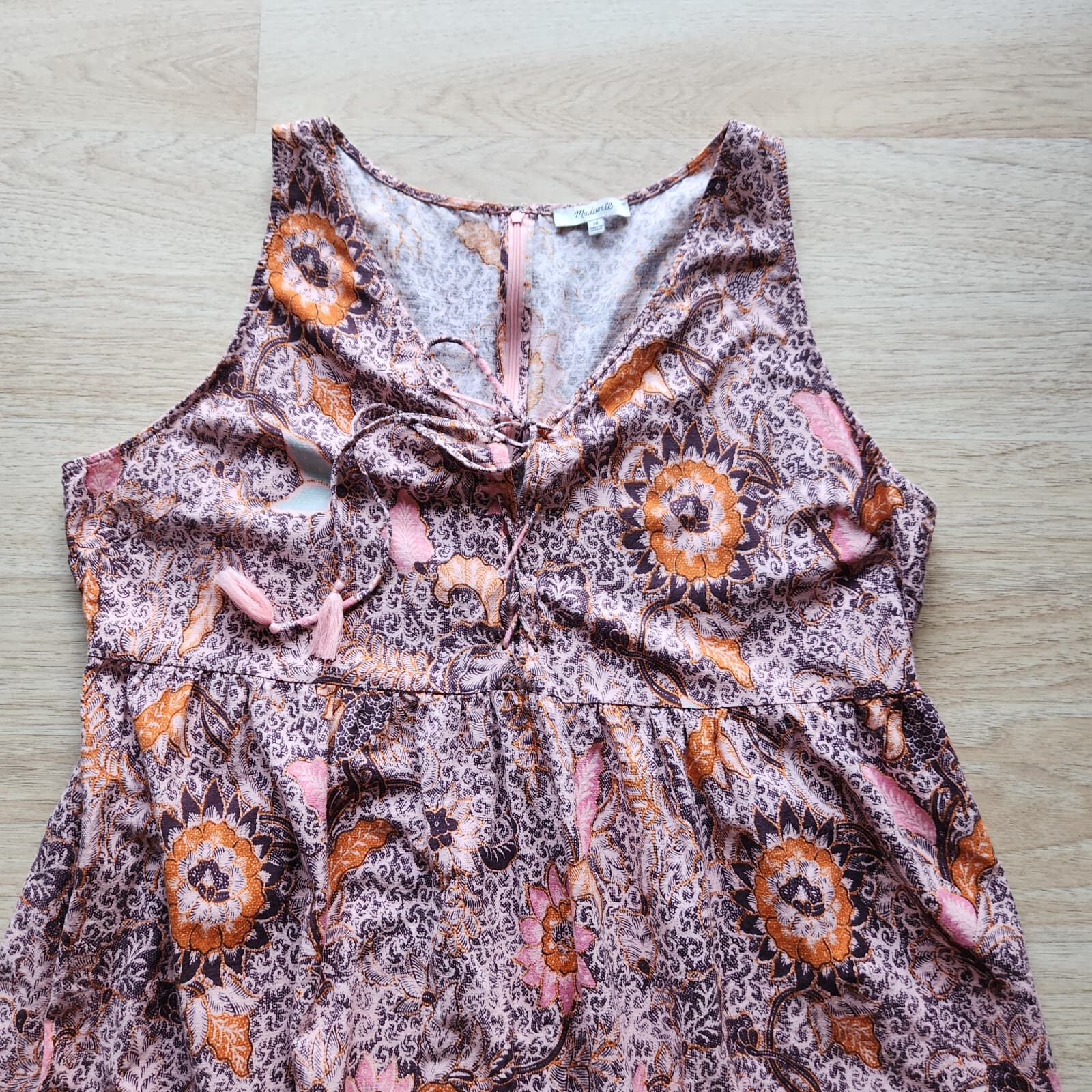 Madewell Floral Lace-Up Midi Dress Ruffle-Hem Sleeveless Bali Blooms Pink Sz.20 - Thumbnail 10