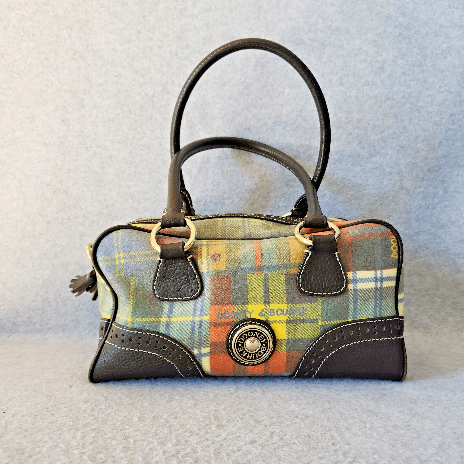 Dooney & Bourke Ladybug Multicolor Plaid Madras Black Leather Tassel Satchel Bag - Thumbnail 2