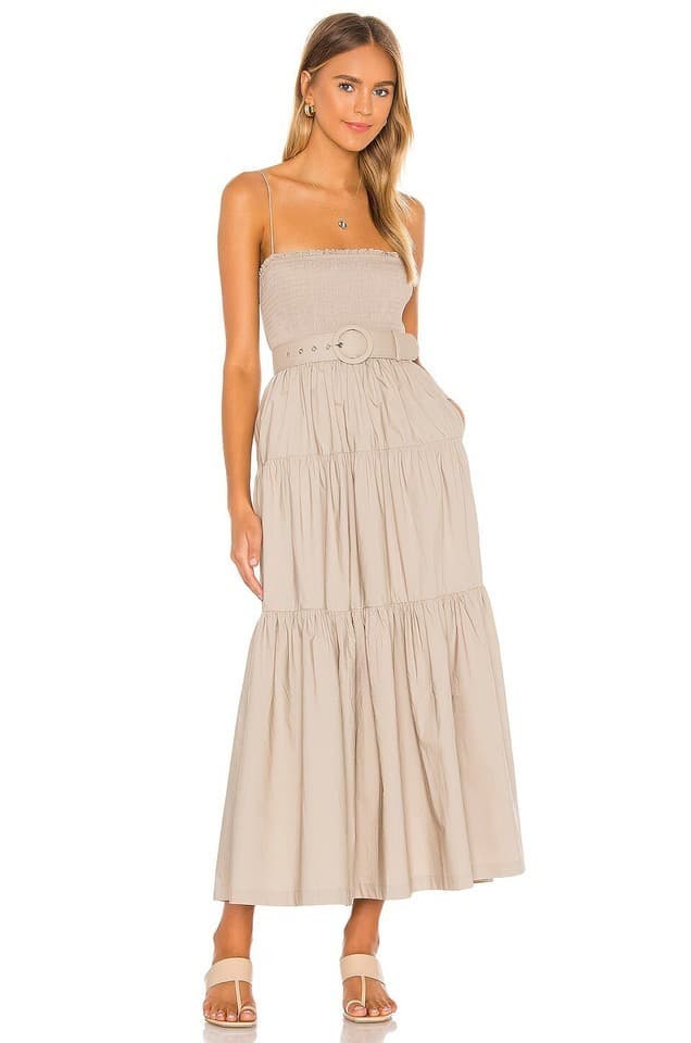 L'Academie The Nour Spaghetti Strap Smocked Tiered Maxi Dress Pocket Beige Sz.XS - Thumbnail 2