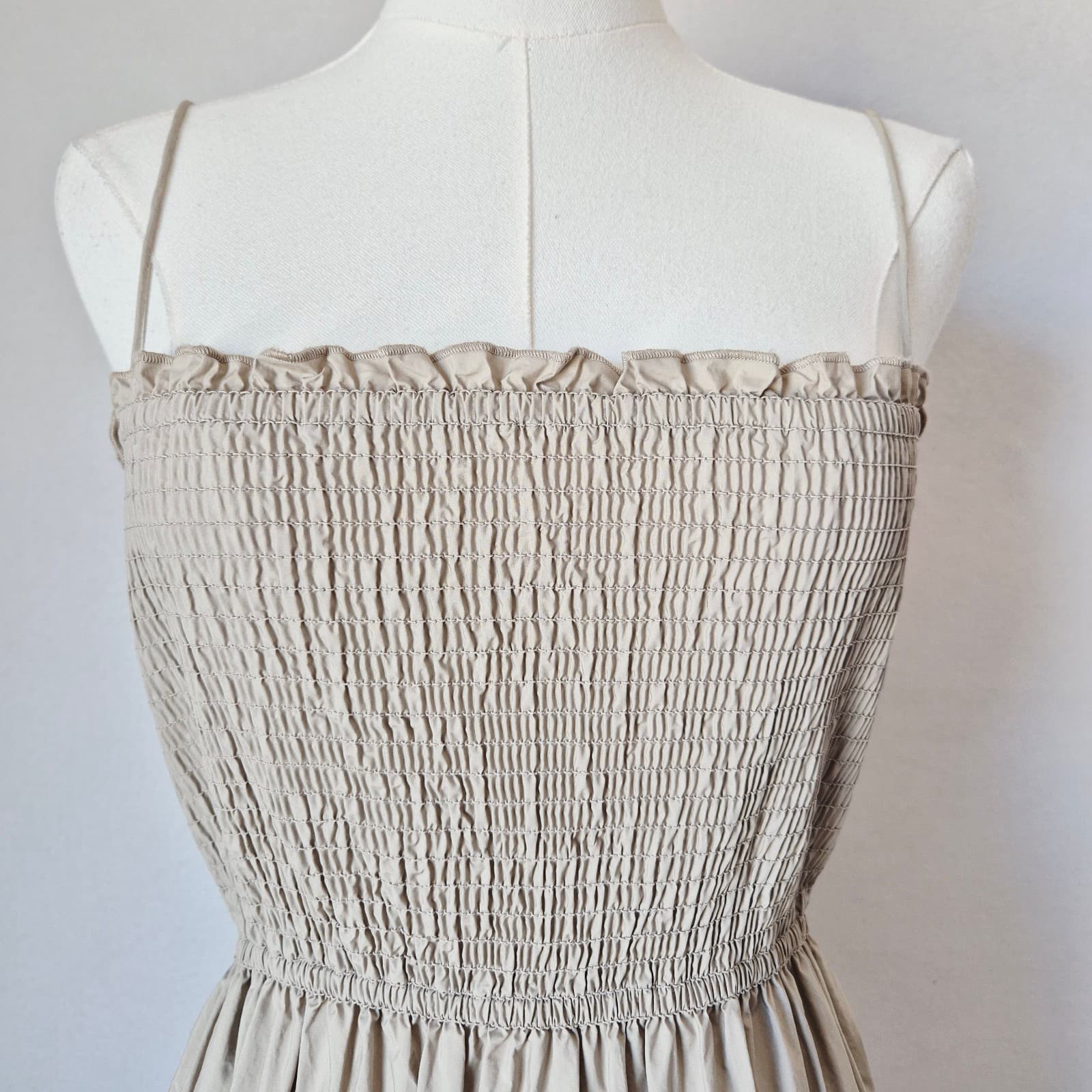 L'Academie The Nour Spaghetti Strap Smocked Tiered Maxi Dress Pocket Beige Sz.XS - Thumbnail 5