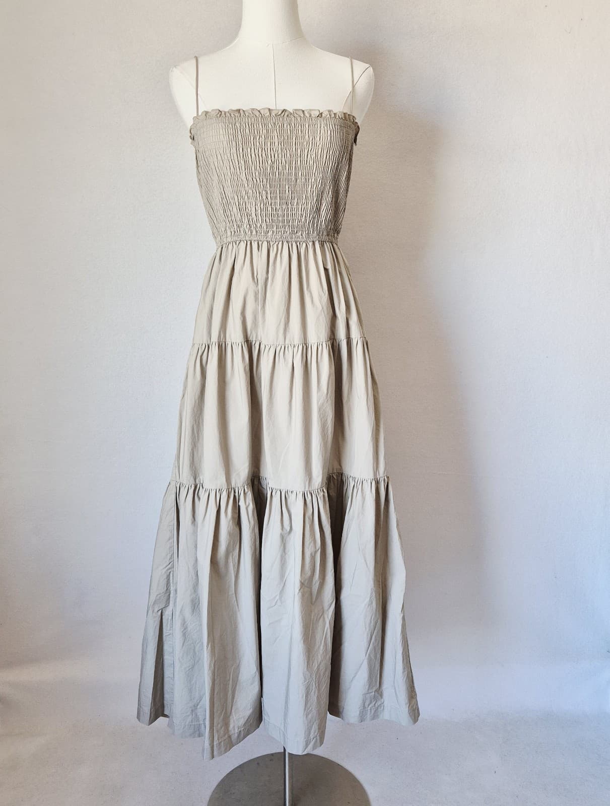 L'Academie The Nour Spaghetti Strap Smocked Tiered Maxi Dress Pocket Beige Sz.XS - Thumbnail 3