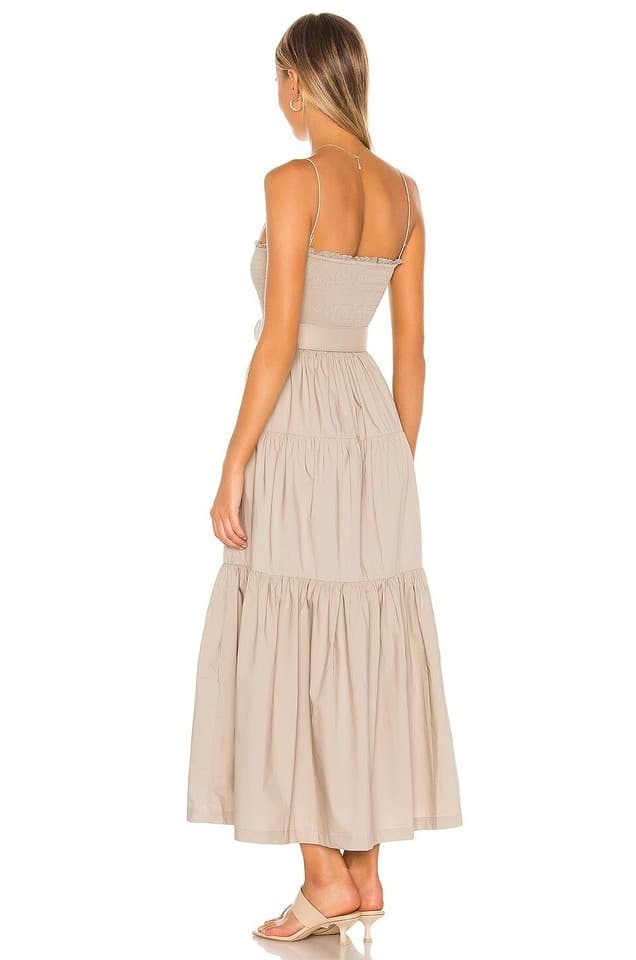 L'Academie The Nour Spaghetti Strap Smocked Tiered Maxi Dress Pocket Beige Sz.XS - Thumbnail 8