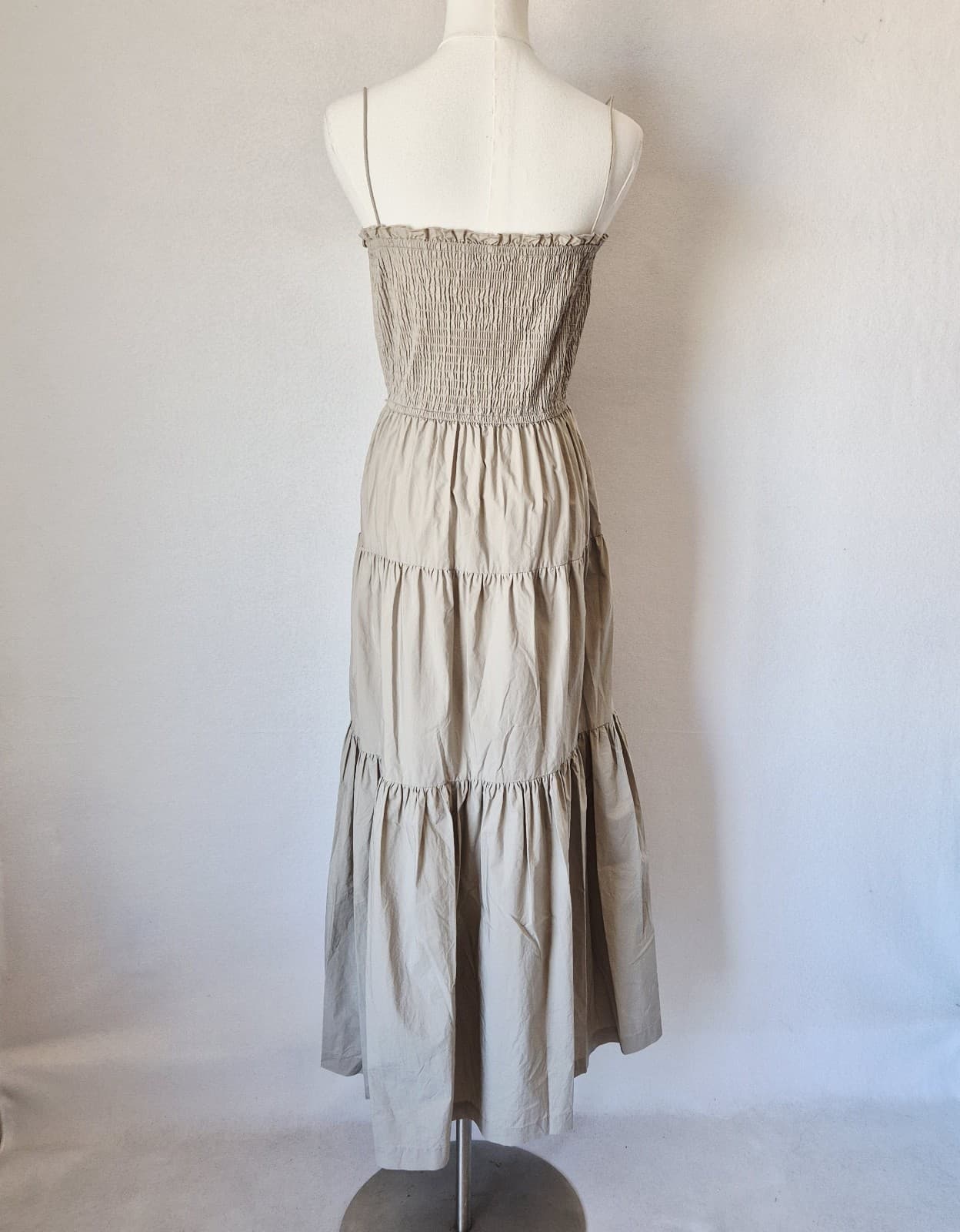 L'Academie The Nour Spaghetti Strap Smocked Tiered Maxi Dress Pocket Beige Sz.XS - Thumbnail 7