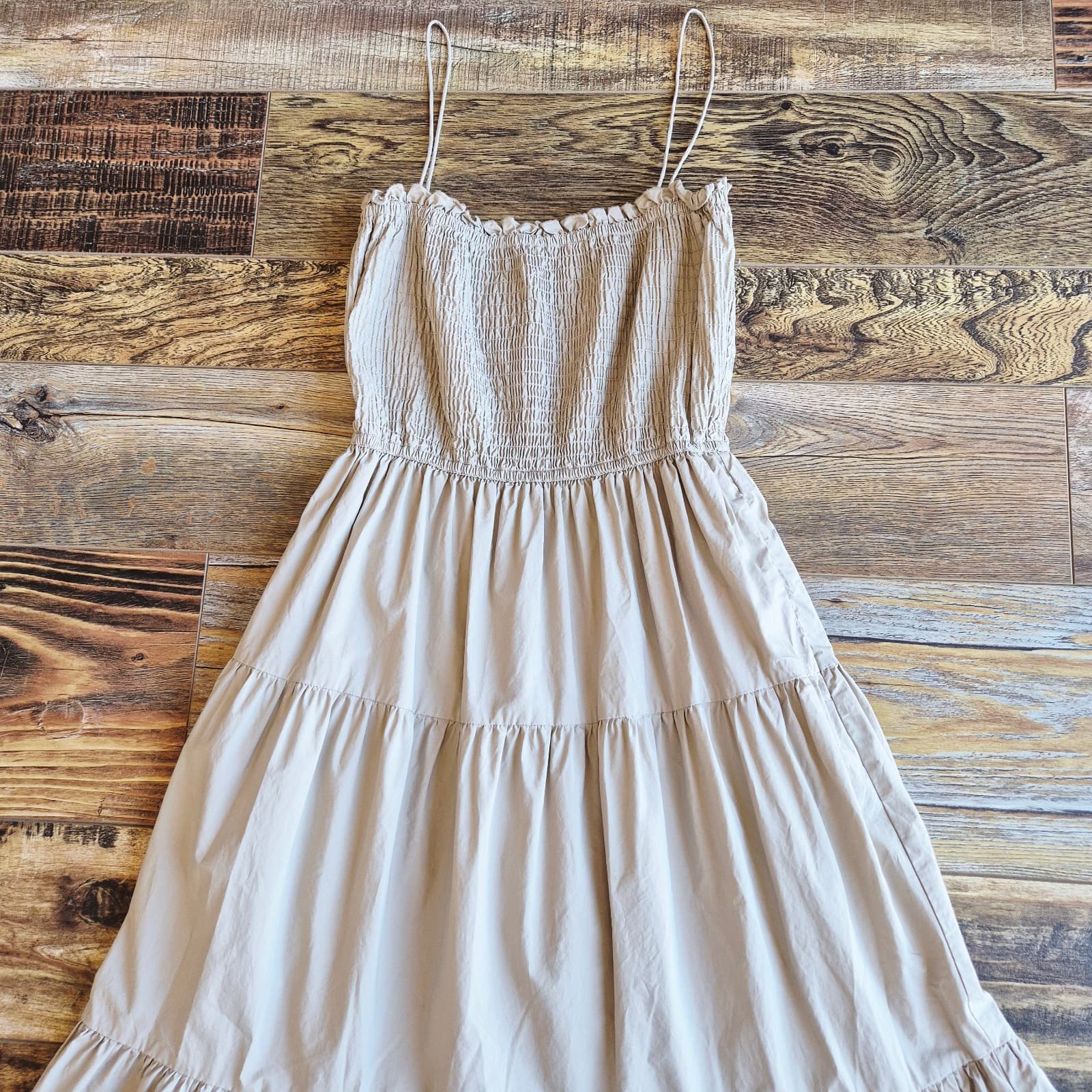 L'Academie The Nour Spaghetti Strap Smocked Tiered Maxi Dress Pocket Beige Sz.XS - Thumbnail 11