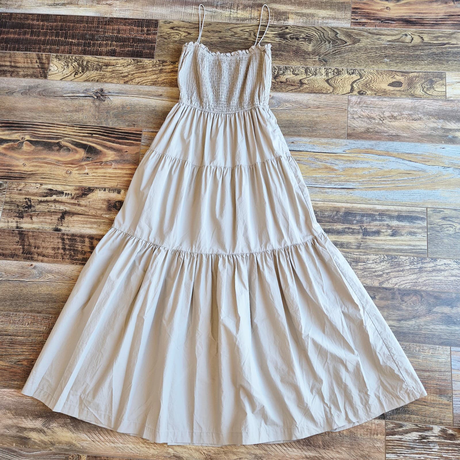L'Academie The Nour Spaghetti Strap Smocked Tiered Maxi Dress Pocket Beige Sz.XS - Thumbnail 10