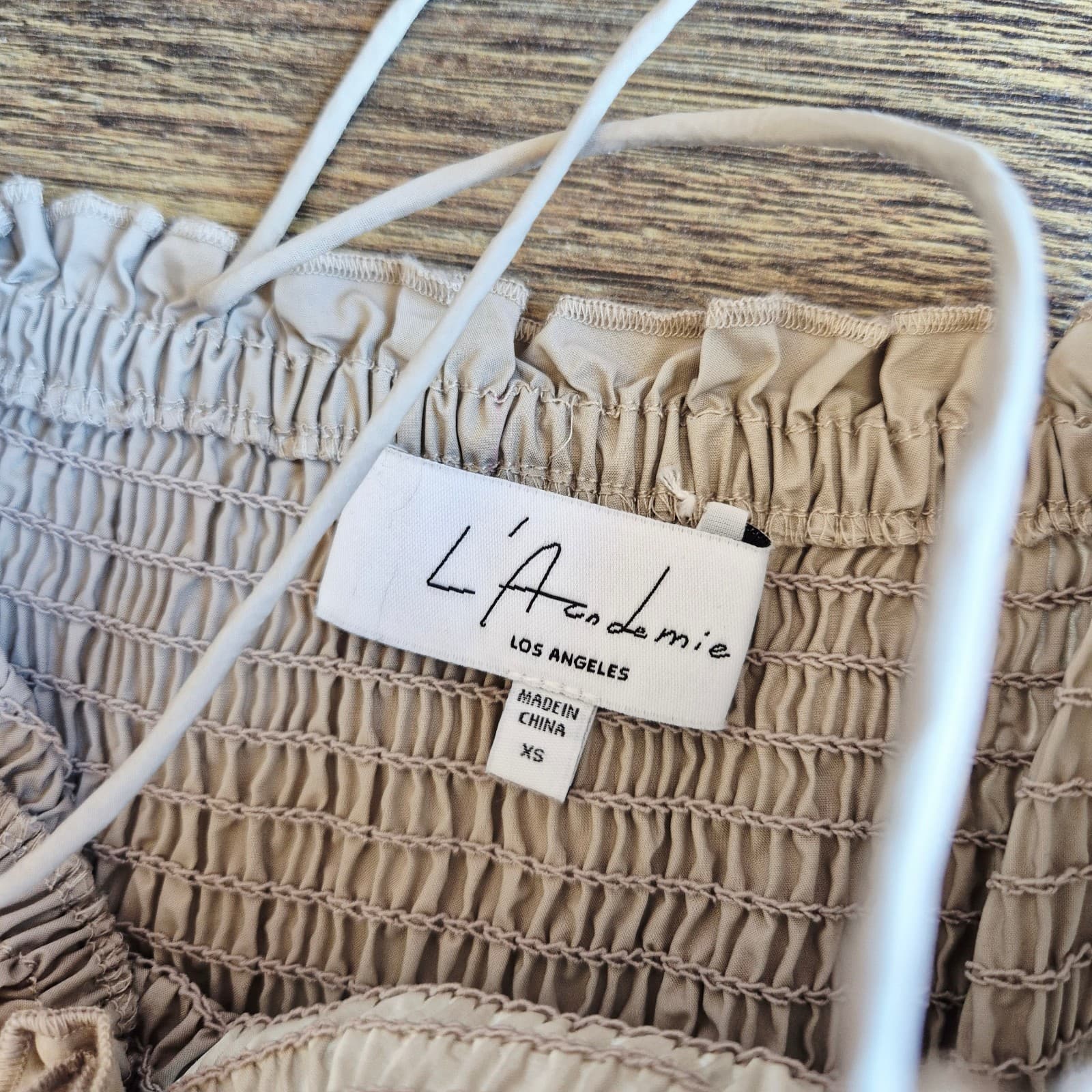 L'Academie The Nour Spaghetti Strap Smocked Tiered Maxi Dress Pocket Beige Sz.XS - Thumbnail 12