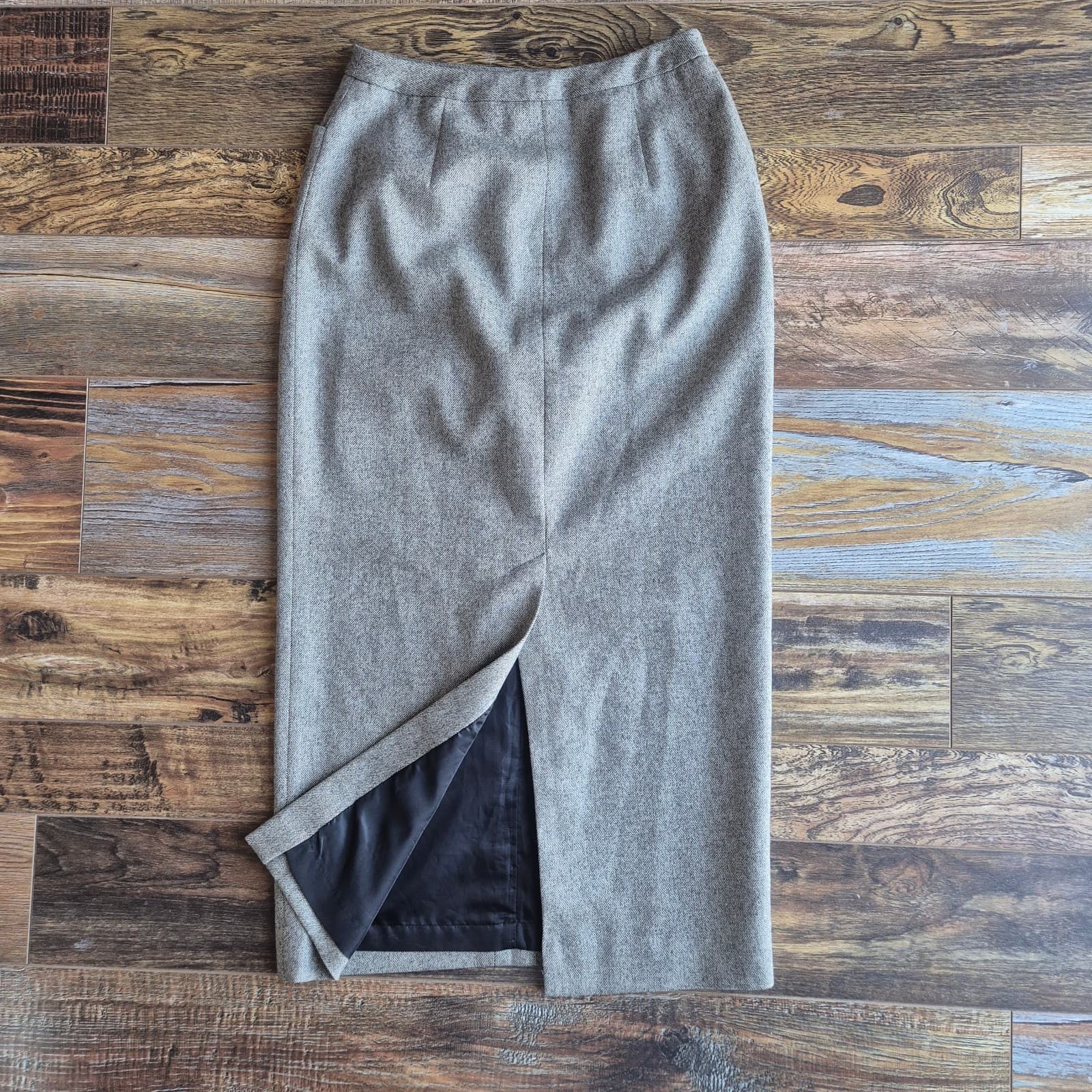 Vintage Lauren Ralph Lauren Tweed Wool Midi Pencil Skirt Front-Zip Brown Size 8P - Thumbnail 6