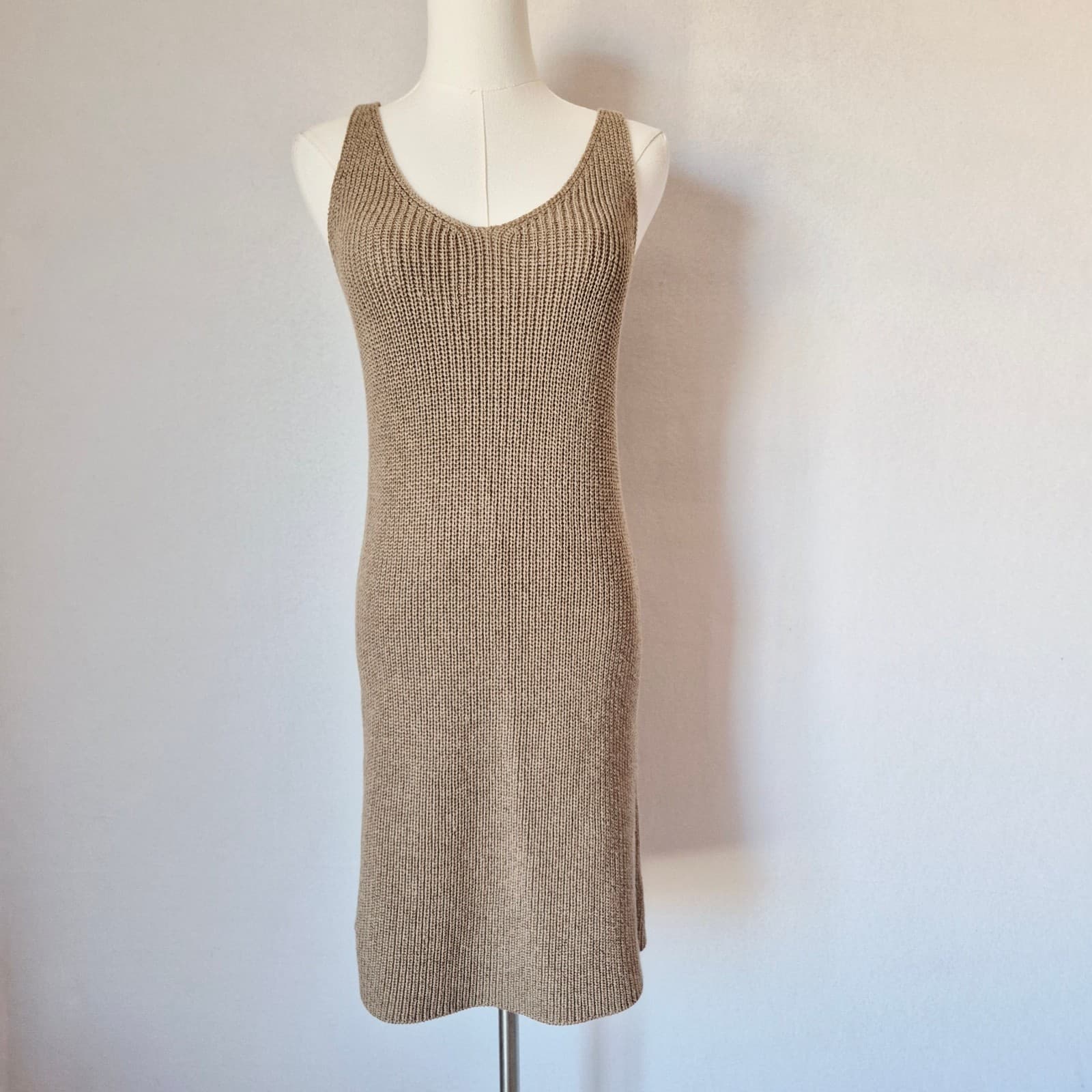 Vintage J.Crew Sculpted Rib Sleeveless Mini Sweater Dress V-Neck Khaki Women's S - Thumbnail 3