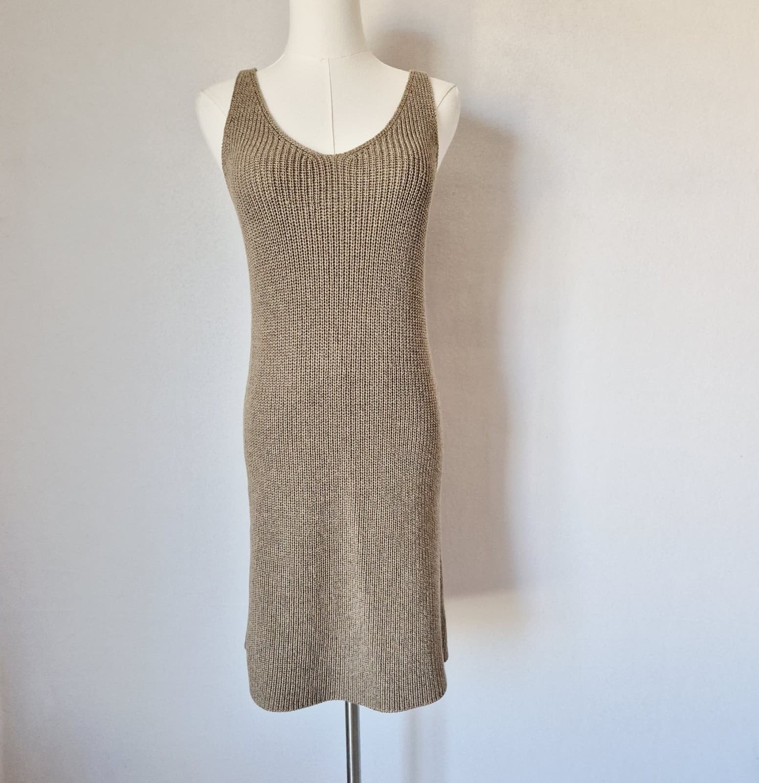 Vintage J.Crew Sculpted Rib Sleeveless Mini Sweater Dress V-Neck Khaki Women's S - Thumbnail 2