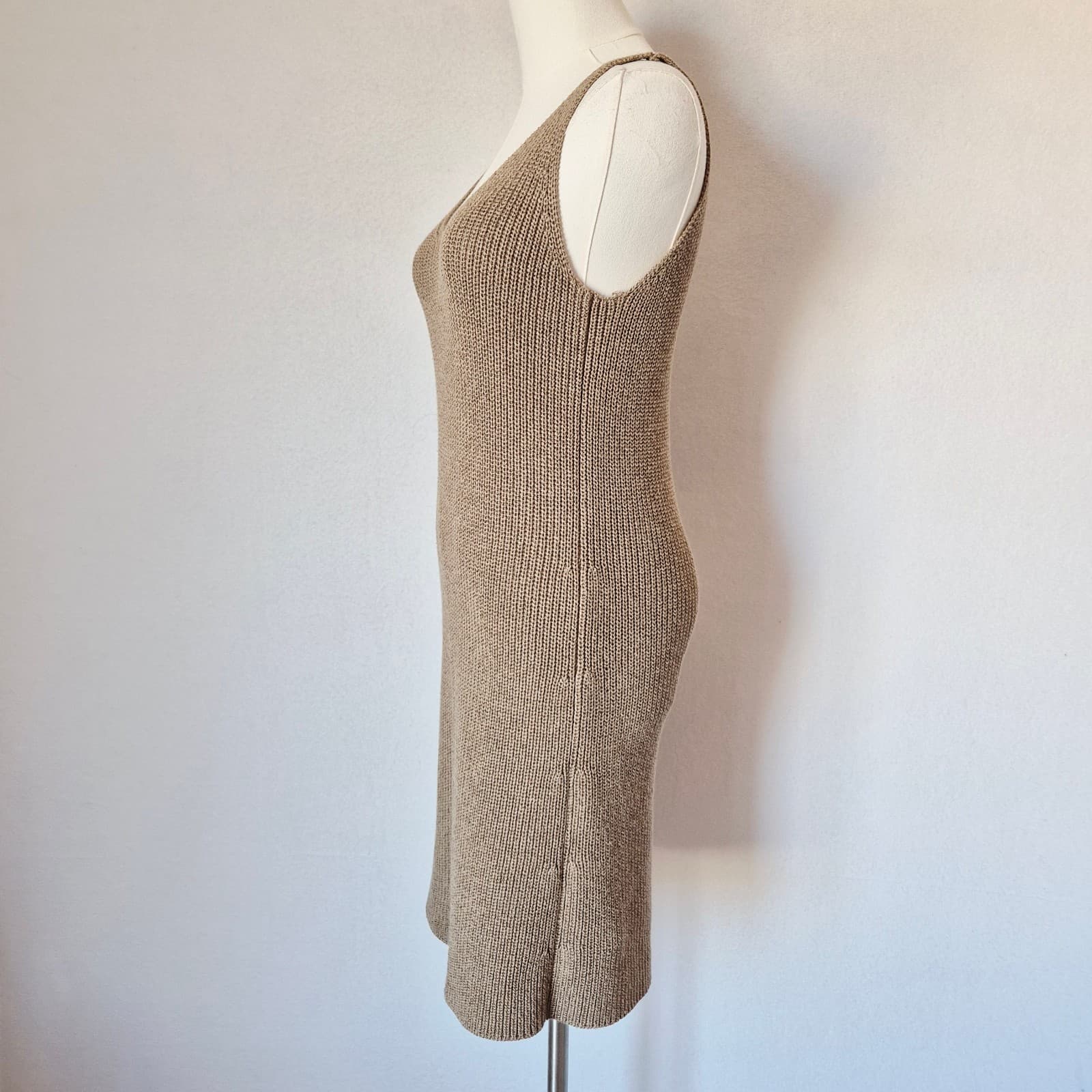 Vintage J.Crew Sculpted Rib Sleeveless Mini Sweater Dress V-Neck Khaki Women's S - Thumbnail 5