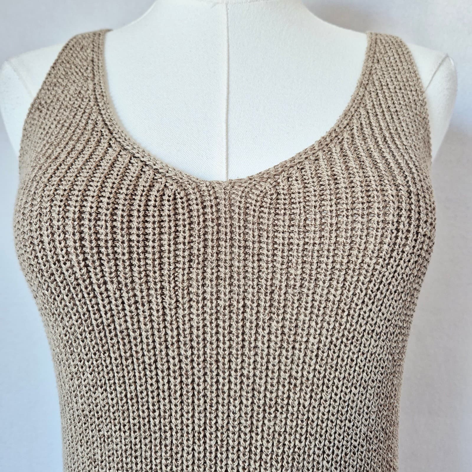 Vintage J.Crew Sculpted Rib Sleeveless Mini Sweater Dress V-Neck Khaki Women's S - Thumbnail 4