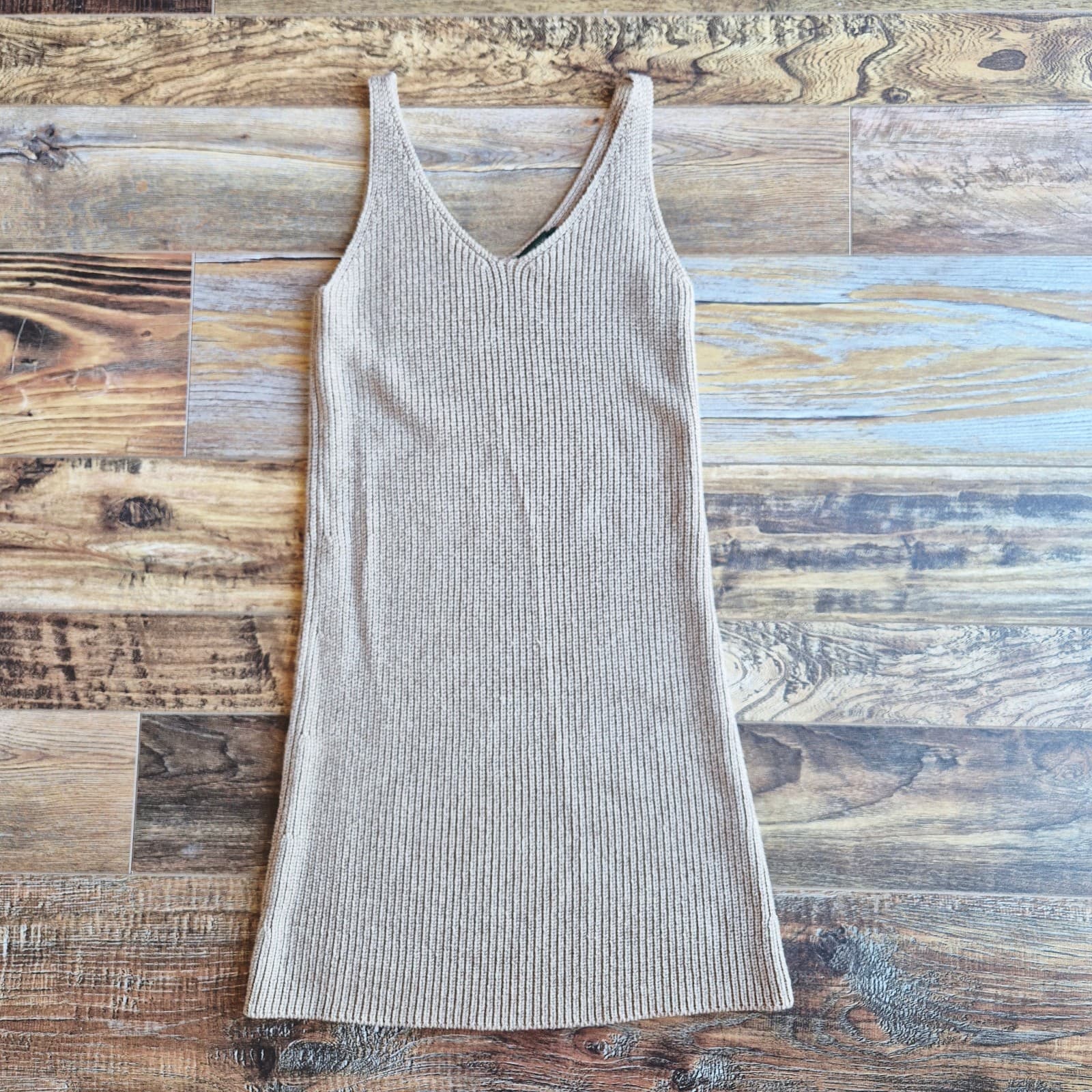 Vintage J.Crew Sculpted Rib Sleeveless Mini Sweater Dress V-Neck Khaki Women's S - Thumbnail 7