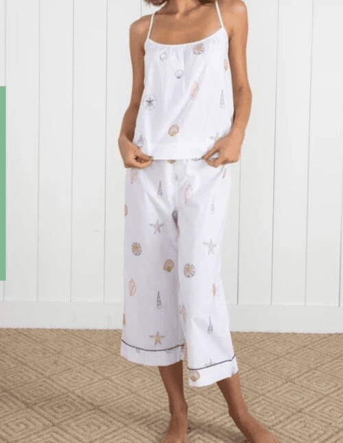 PrintFresh Queen Of The Sea Cami Crop Pant Sleep Pajama Set Embroidered White 2X - Thumbnail 2
