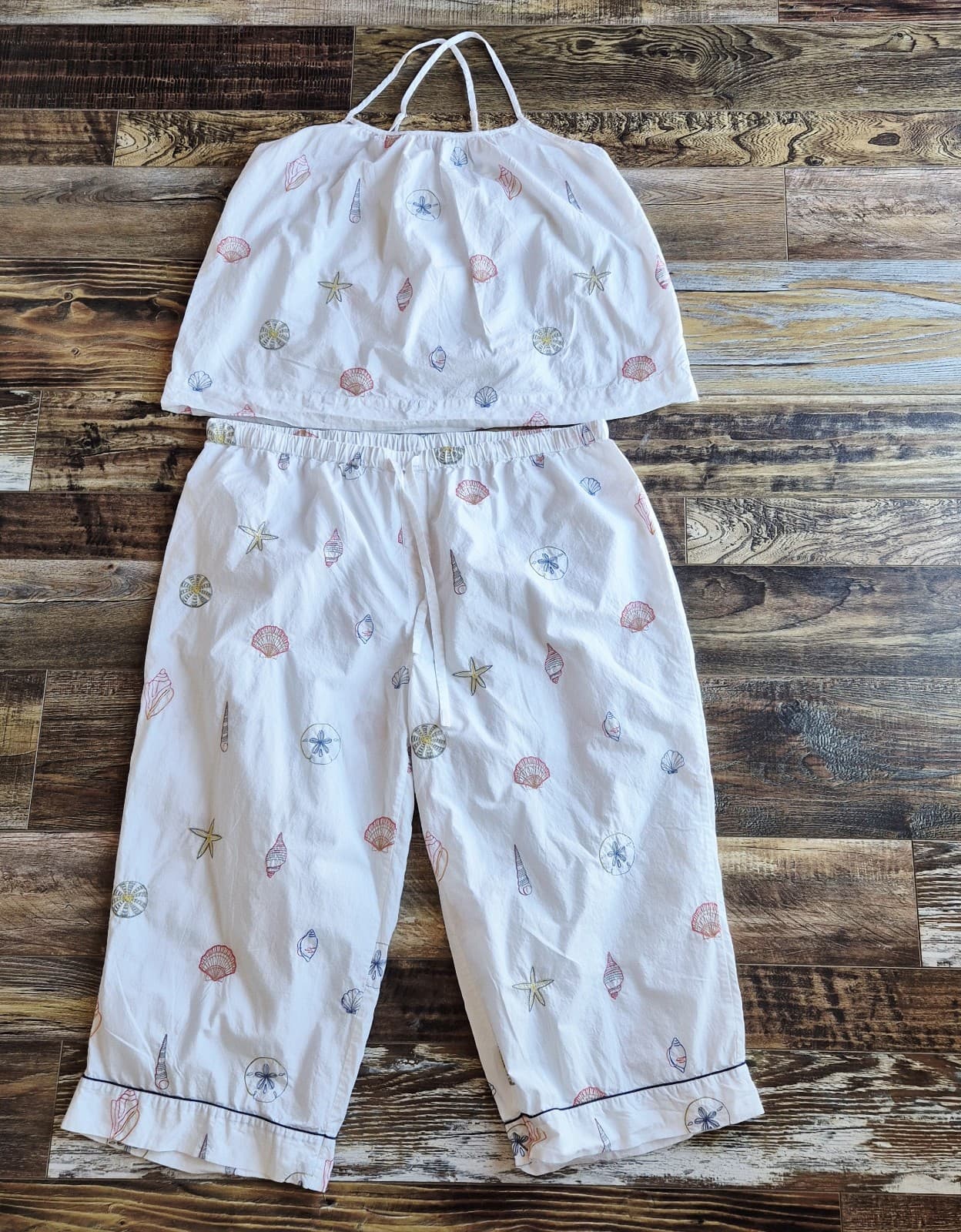 PrintFresh Queen Of The Sea Cami Crop Pant Sleep Pajama Set Embroidered White 2X - Thumbnail 3