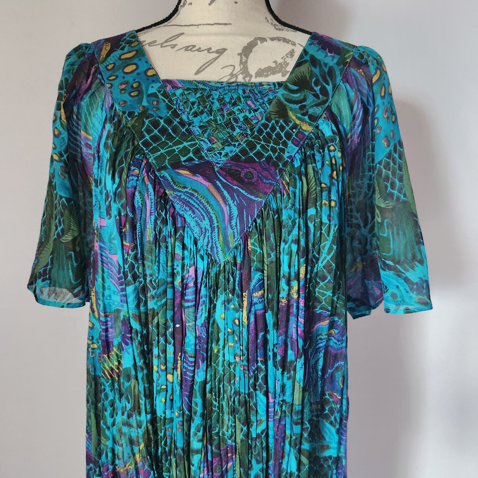 Vintage Patchauli Tropical Fish Indian Cotton Gauze Maxi House Dress Pocket Sz.M - Thumbnail 3