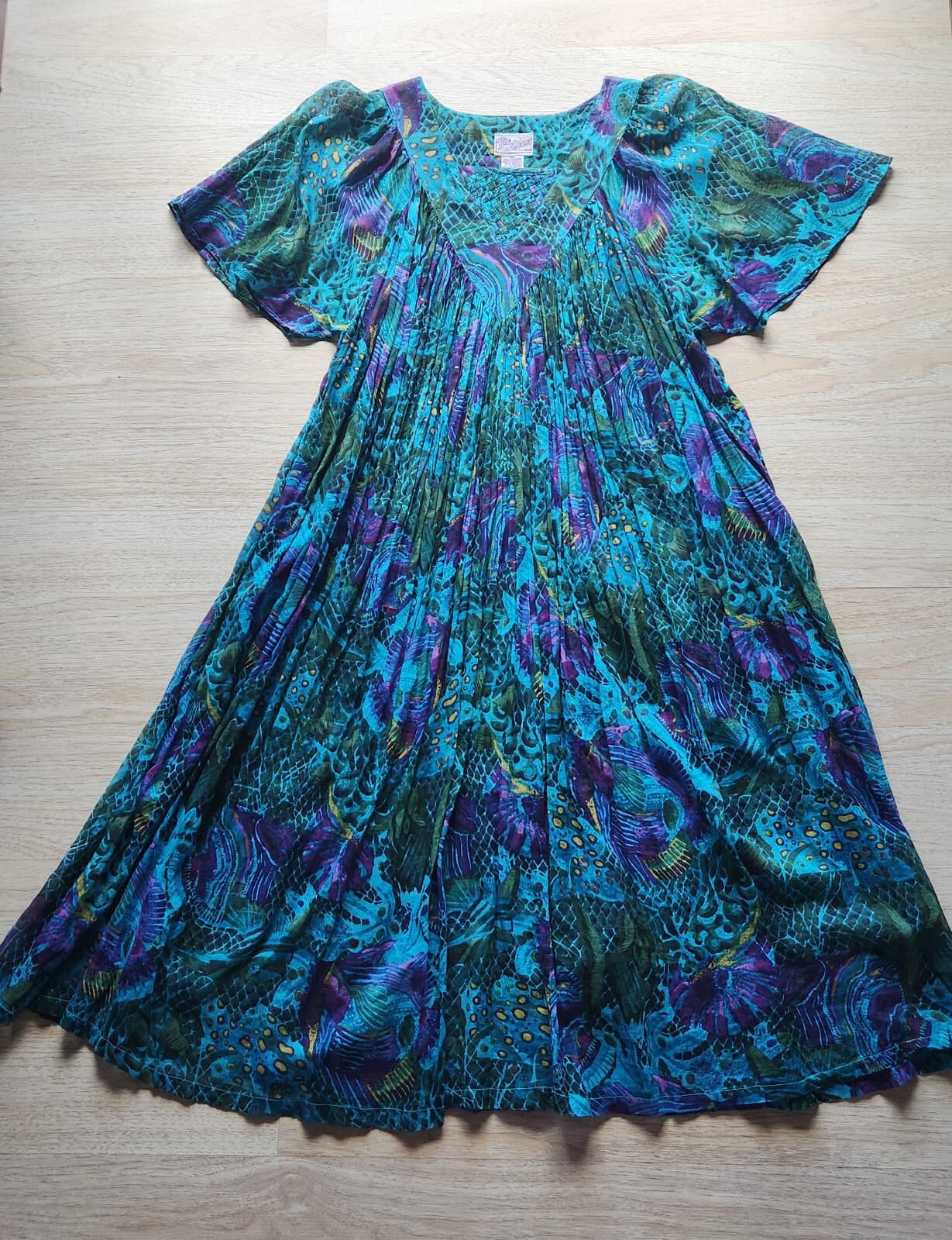 Vintage Patchauli Tropical Fish Indian Cotton Gauze Maxi House Dress Pocket Sz.M - Thumbnail 6