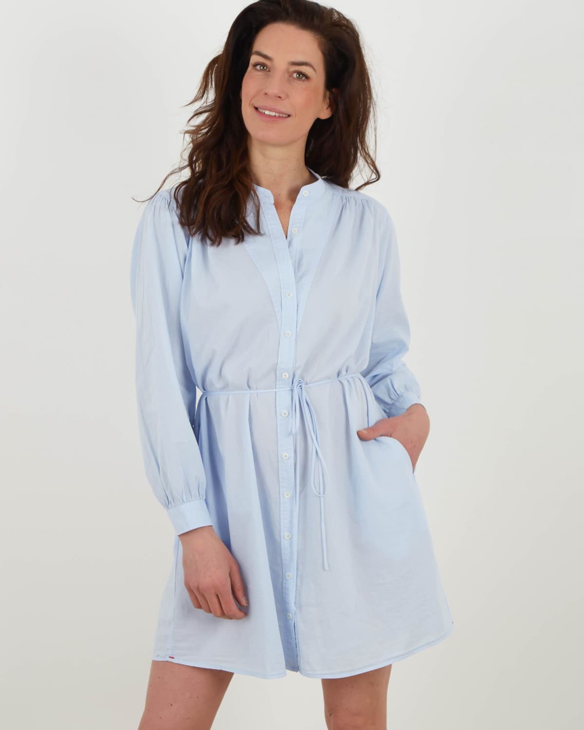 XIRENA Winne Shirt Dress Button Belt Long Sleeve Pocket Cotton Baby Blue Size XS - Thumbnail 2