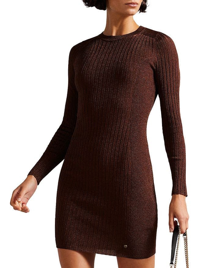 Ted Baker London Nichola Bodycon Ripped Knit Mini Dress Metallic Brown Women's 2 - Thumbnail 2