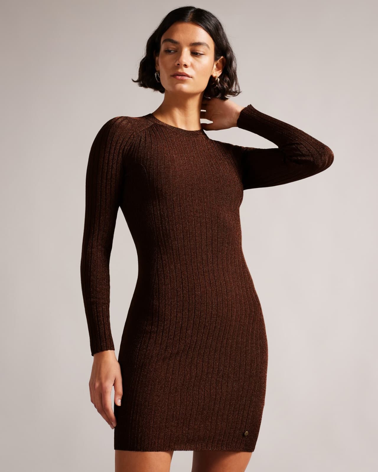Ted Baker London Nichola Bodycon Ripped Knit Mini Dress Metallic Brown Women's 2 - Thumbnail 4