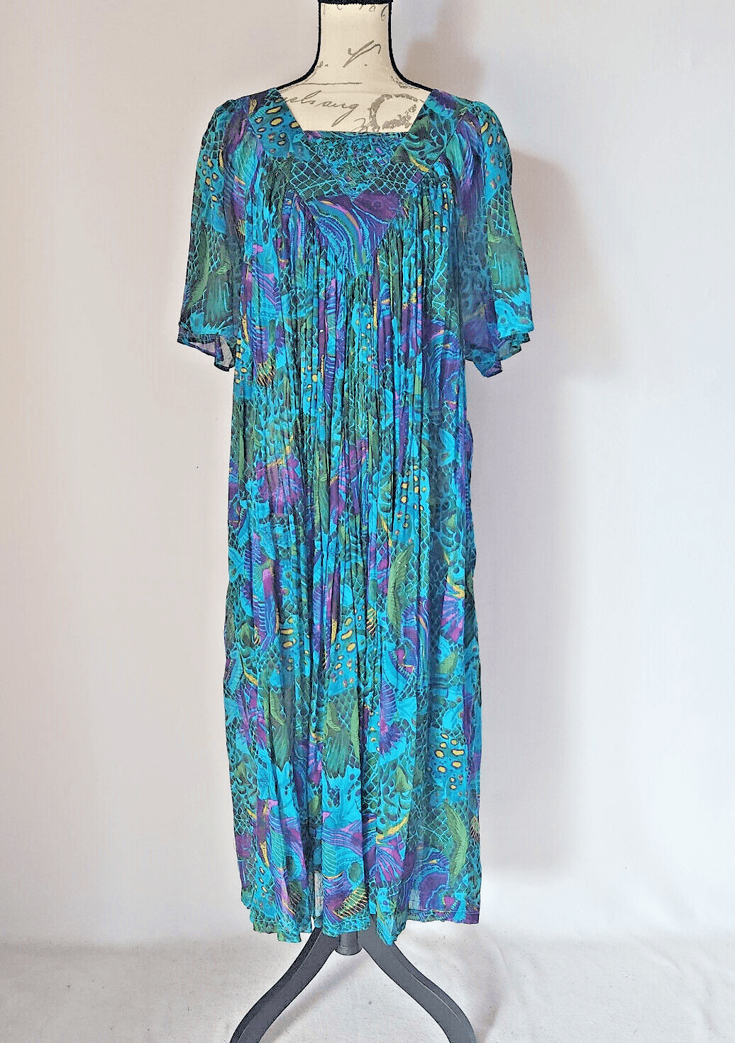 Vintage Patchauli Tropical Fish Indian Cotton Gauze Maxi House Dress Pocket Sz.M - Thumbnail 2