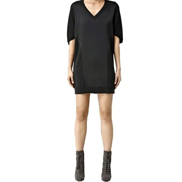 All Saints Elwar Panel Merino Wool Mini Jumper Sweater Dress V-Neck Black Sz.L - Thumbnail 3