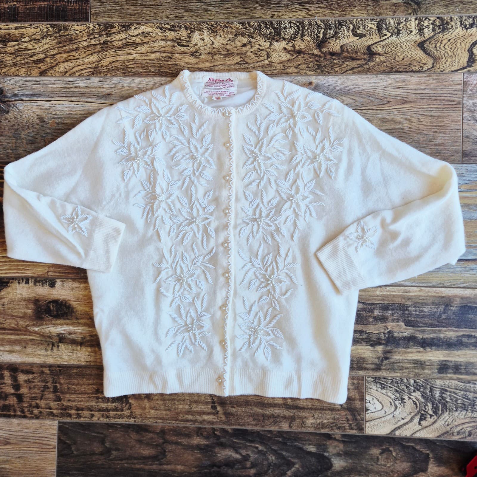 Vintage Stephen Chu Beaded Pearl Rabbit Hair Lamswool Cardigan Lined Iovry Sz.38 - Thumbnail 2