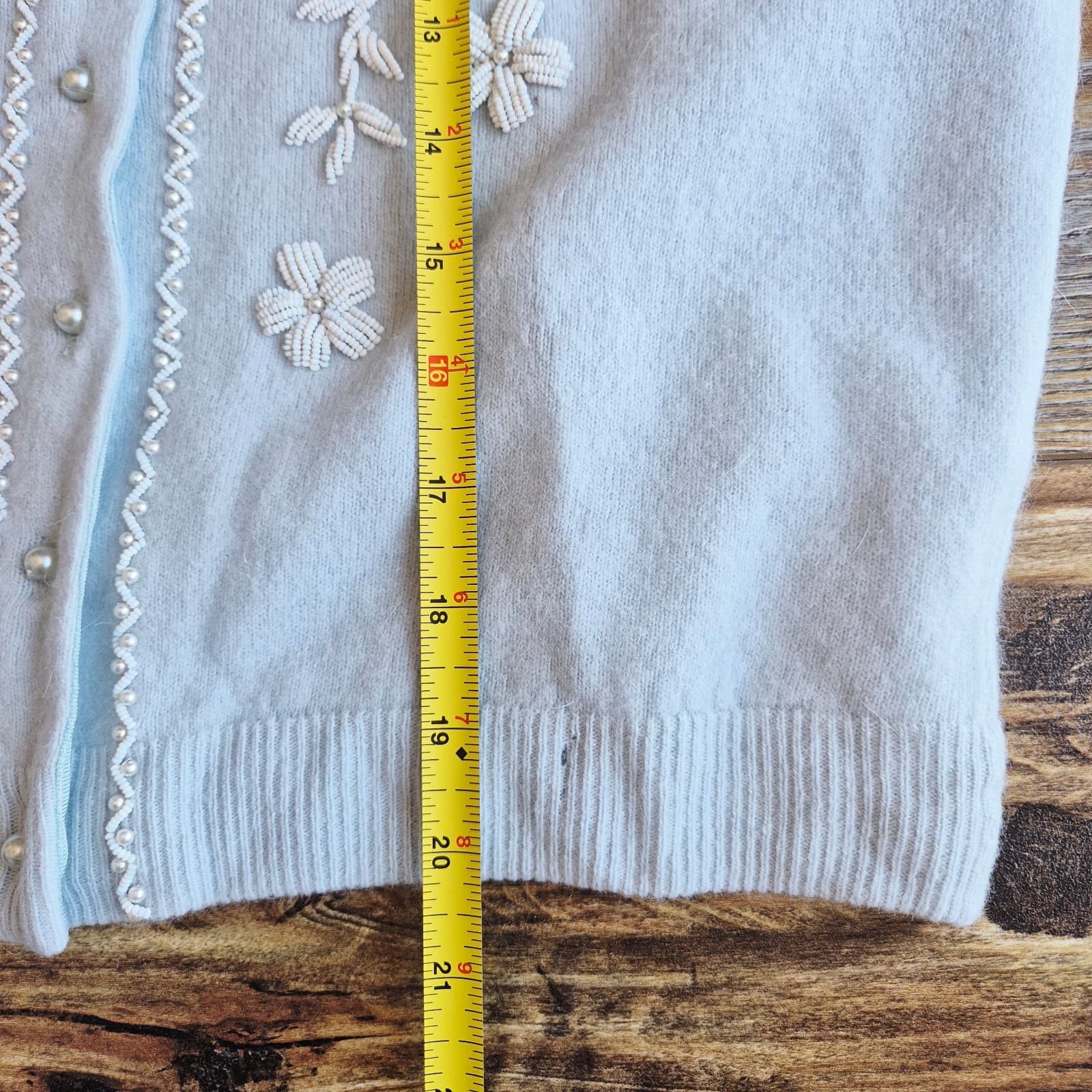 Vintage Stephen Chu Beaded Pearl Rabbit Hair Lamswool Cardigan Lined Blue Sz.38 - Thumbnail 16