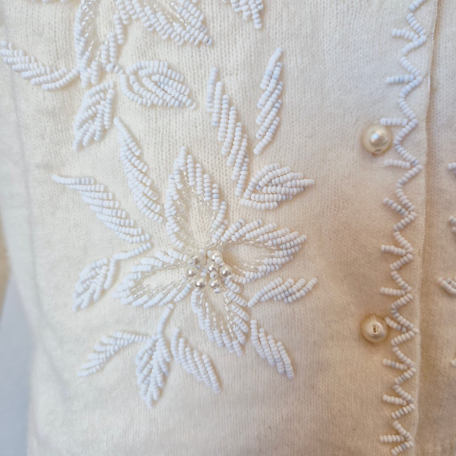 Vintage Stephen Chu Beaded Pearl Rabbit Hair Lamswool Cardigan Lined Iovry Sz.38 - Thumbnail 8