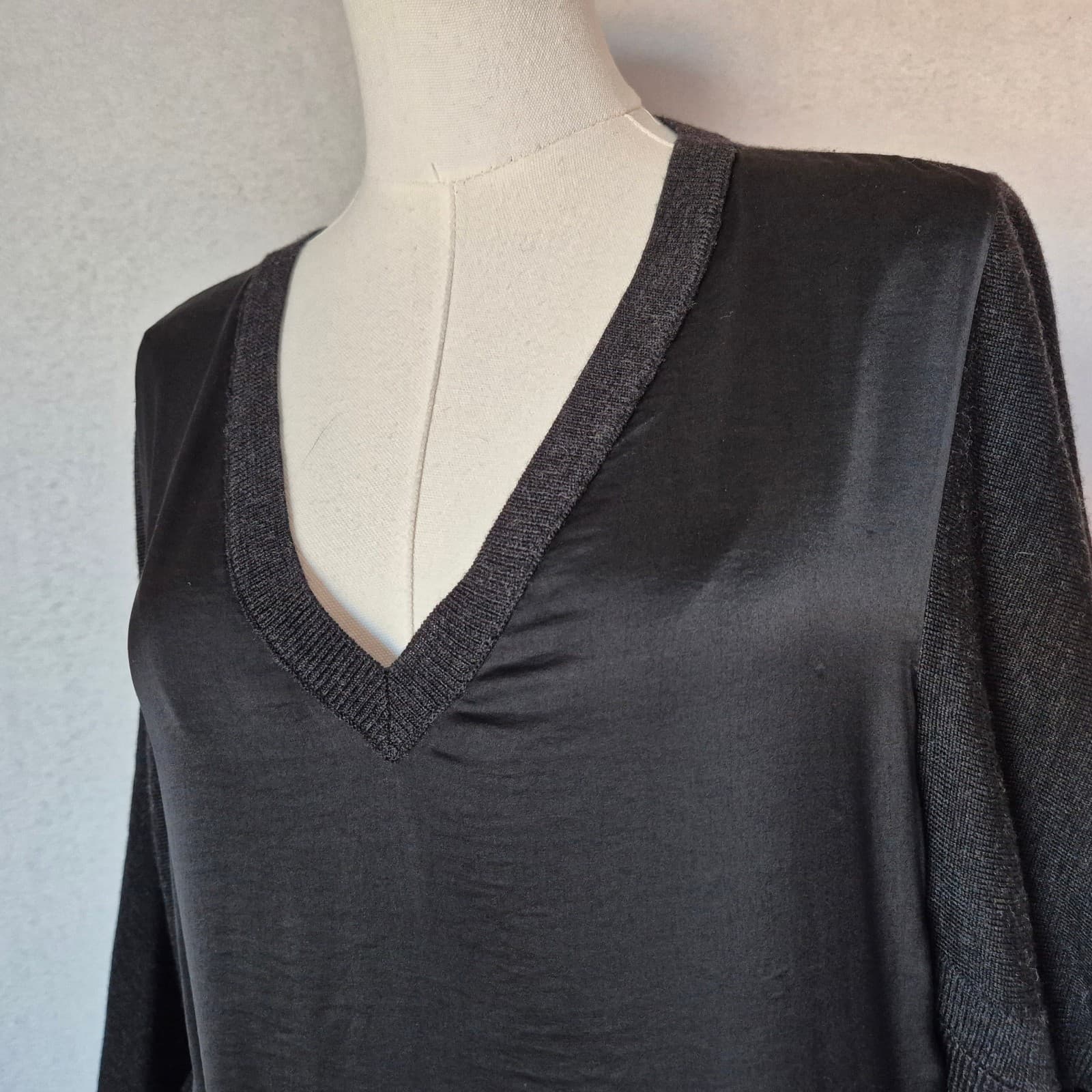 All Saints Elwar Panel Merino Wool Mini Jumper Sweater Dress V-Neck Black Sz.L - Thumbnail 6
