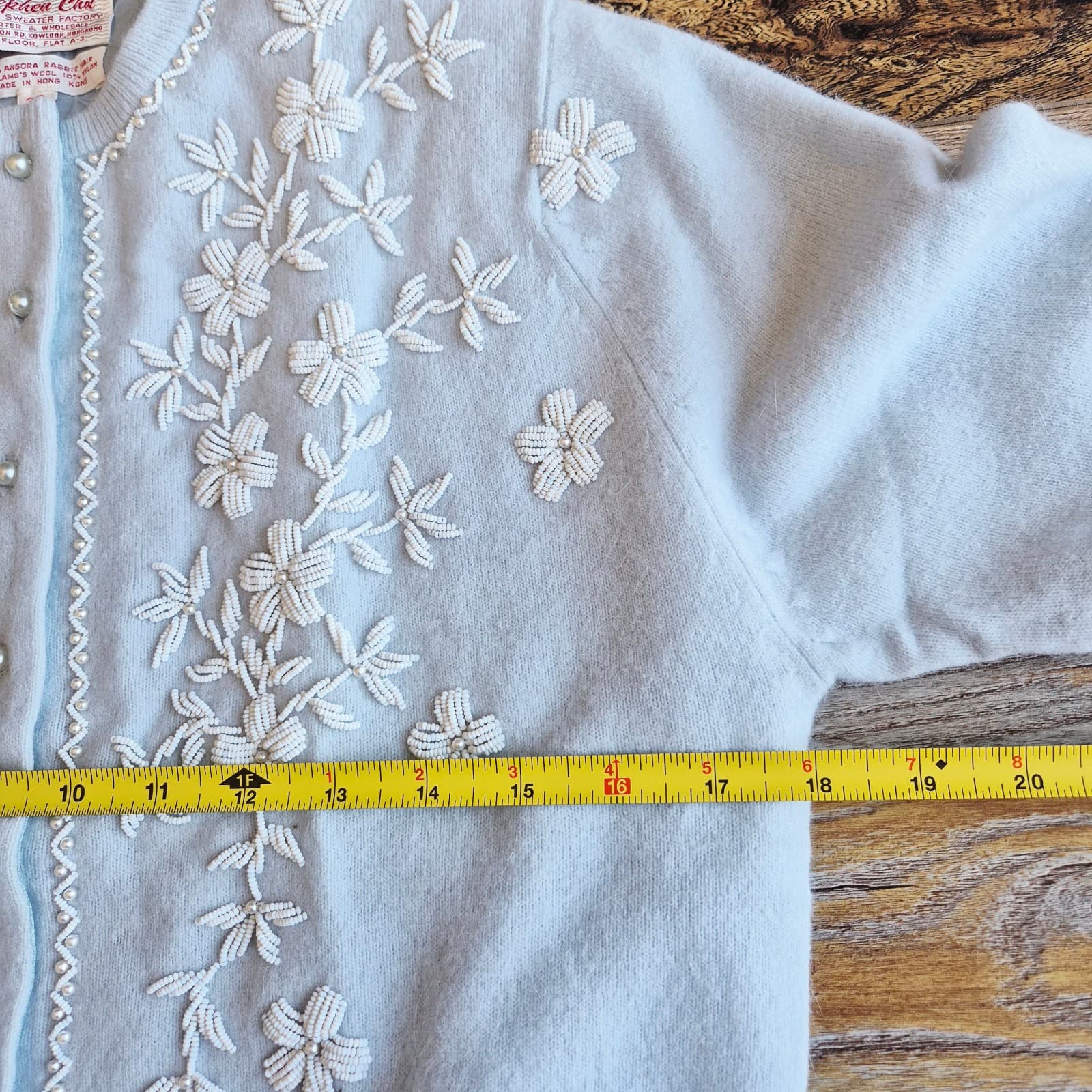 Vintage Stephen Chu Beaded Pearl Rabbit Hair Lamswool Cardigan Lined Blue Sz.38 - Thumbnail 15