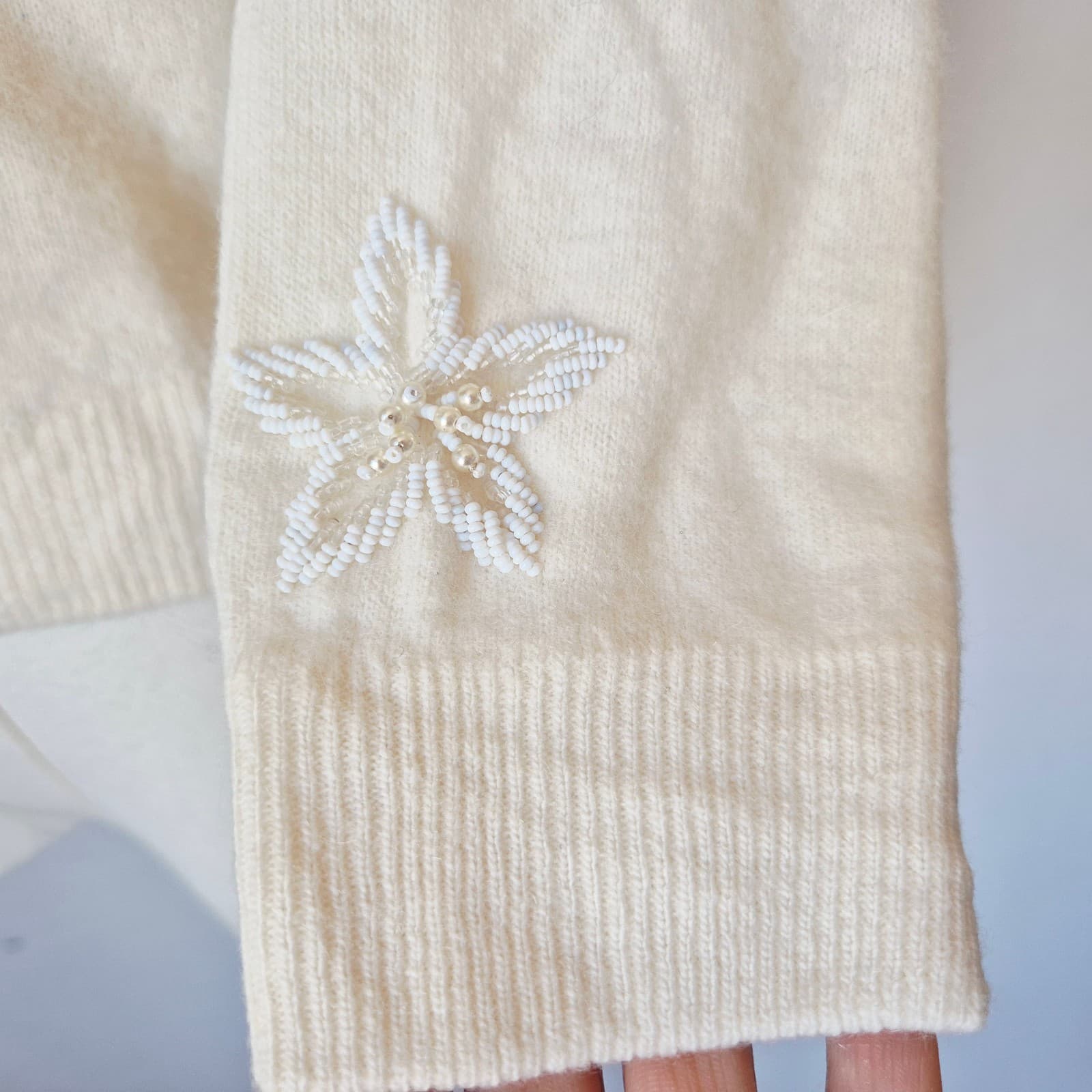 Vintage Stephen Chu Beaded Pearl Rabbit Hair Lamswool Cardigan Lined Iovry Sz.38 - Thumbnail 9