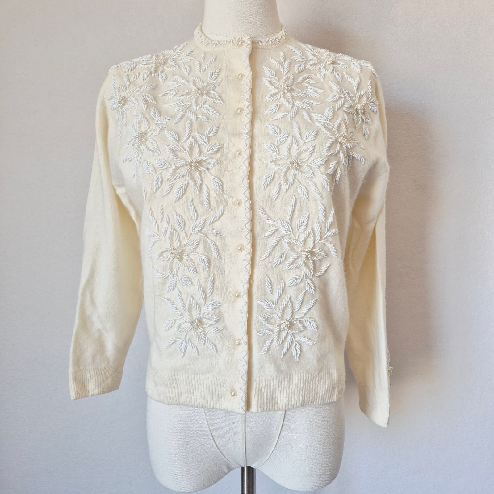 Vintage Stephen Chu Beaded Pearl Rabbit Hair Lamswool Cardigan Lined Iovry Sz.38 - Thumbnail 3