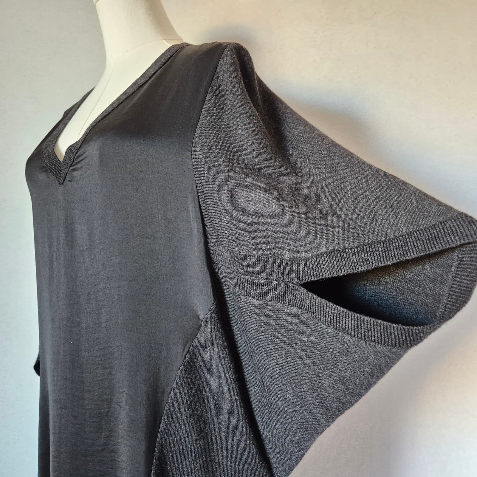 All Saints Elwar Panel Merino Wool Mini Jumper Sweater Dress V-Neck Black Sz.L - Thumbnail 5