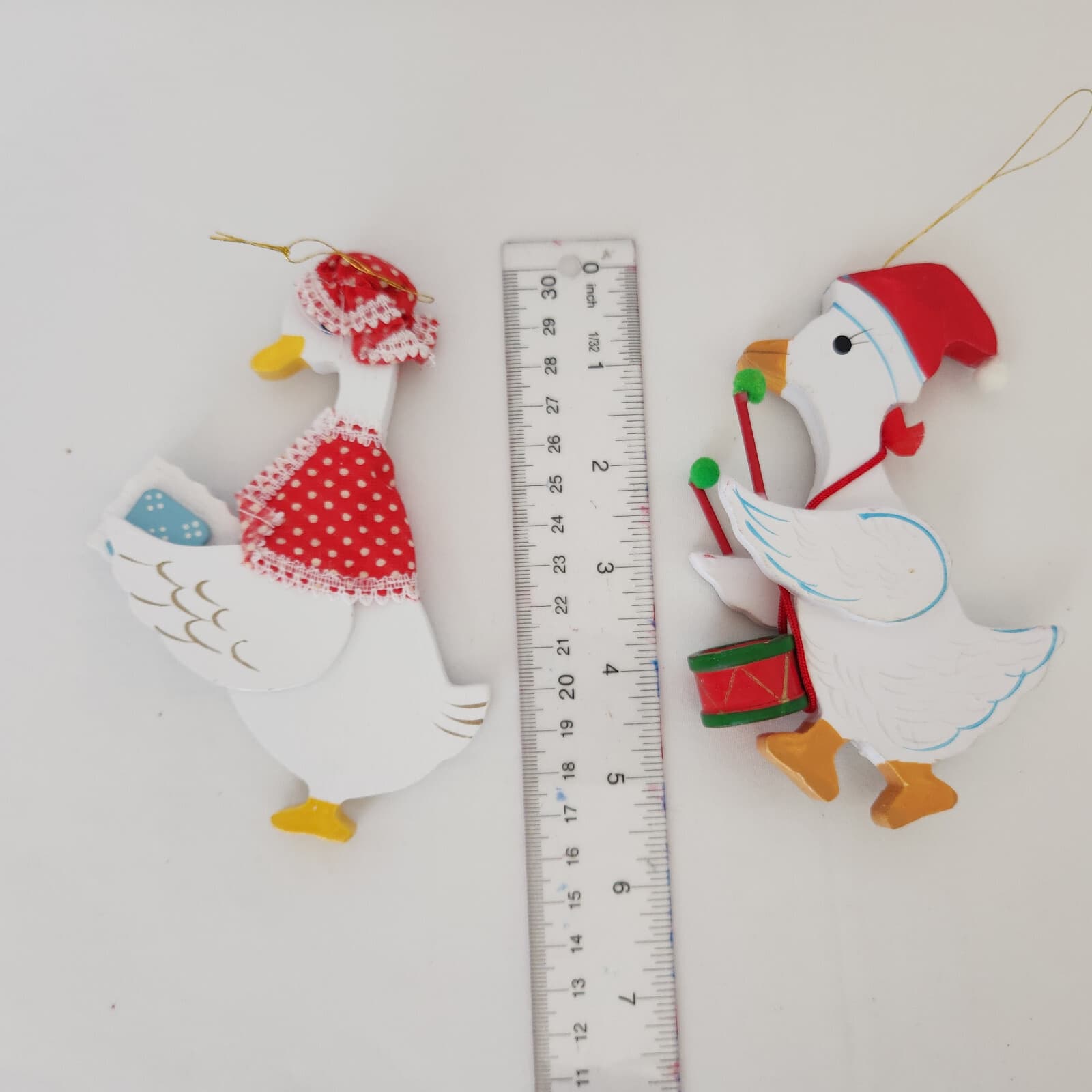 Vintage 2 Piece Flat Wooden Hand Painted Double Side Ducks Christmas Ornaments - Thumbnail 2
