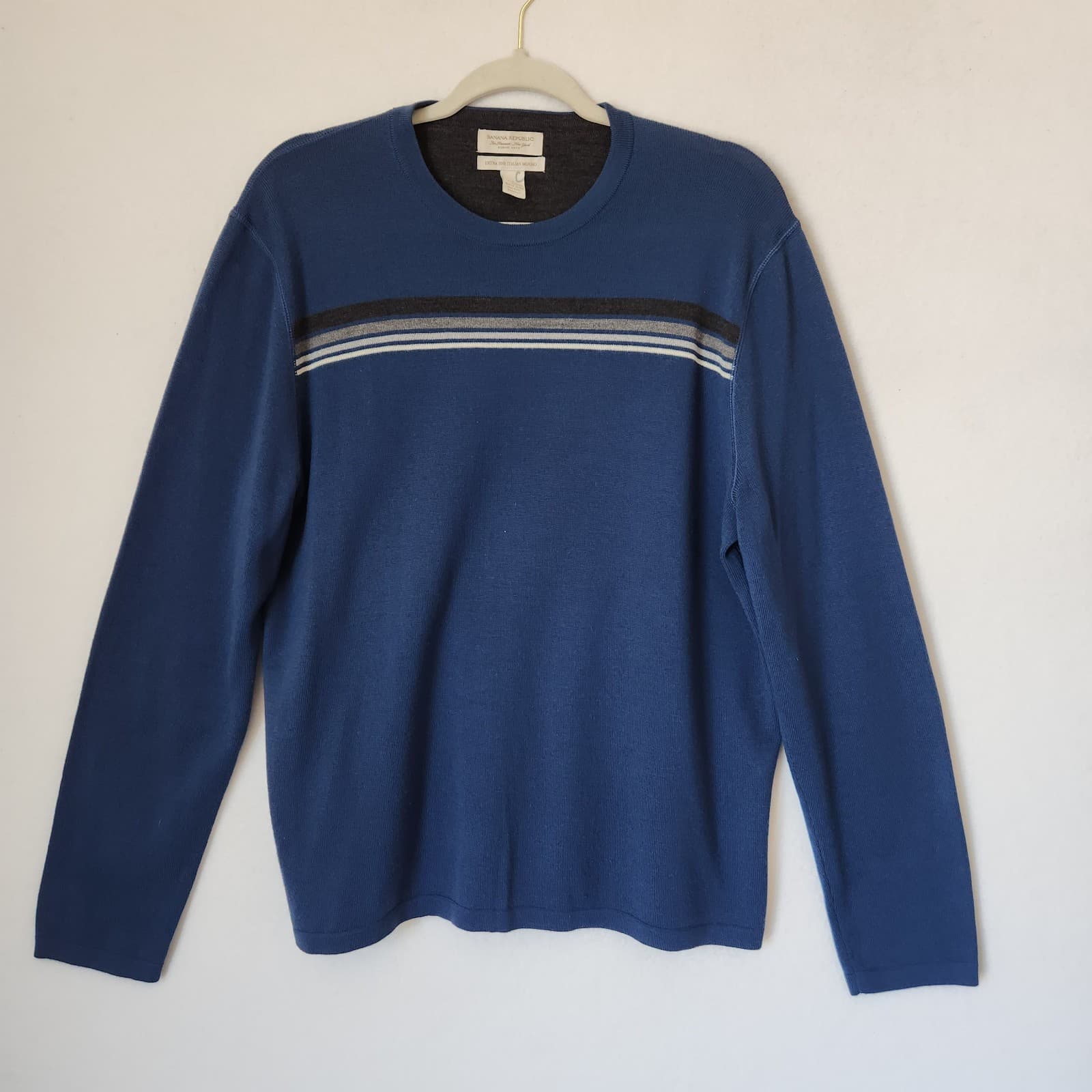 Banana Republic Extra Fine Italian Merino Crew Sweater Elbow Patch Blue Men's L - Thumbnail 2